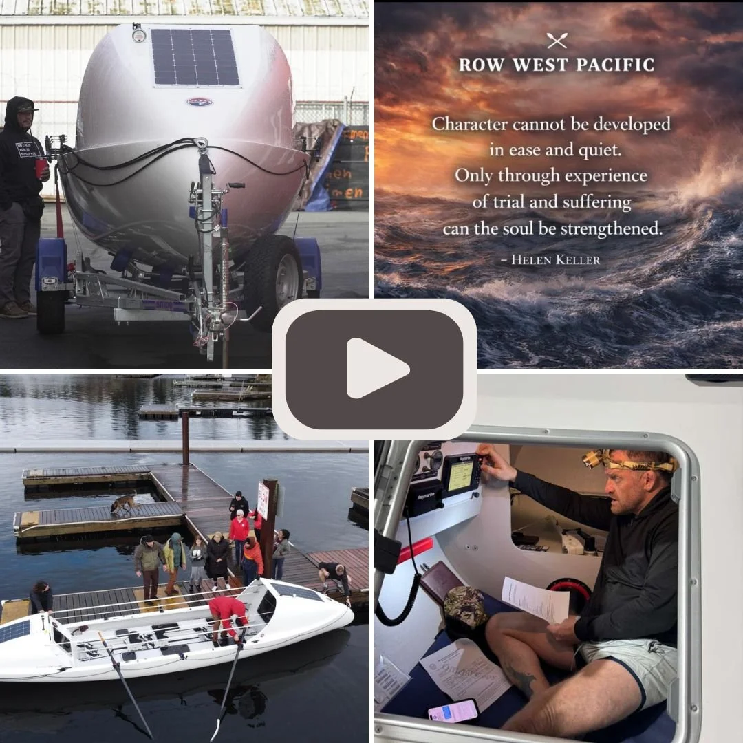 A collage of four images: the top left shows a boat on a trailer with a person standing next to it; the top right features a quote about character and trial by Helen Keller over a turbulent ocean background; the bottom left depicts a group of people on a dock helping to launch a boat; the bottom right captures a man in a boat, sitting inside, reading papers and wearing a headlamp.