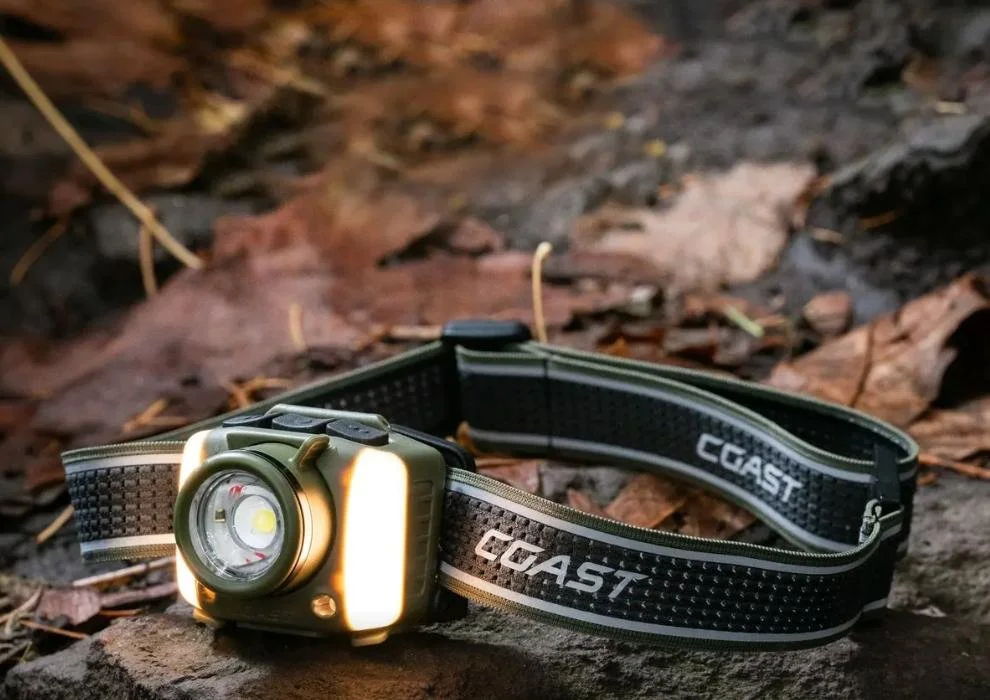 A headlamp with a black and gray strap labeled "COAST" resting on a bed of fallen leaves and rocks in a forest.