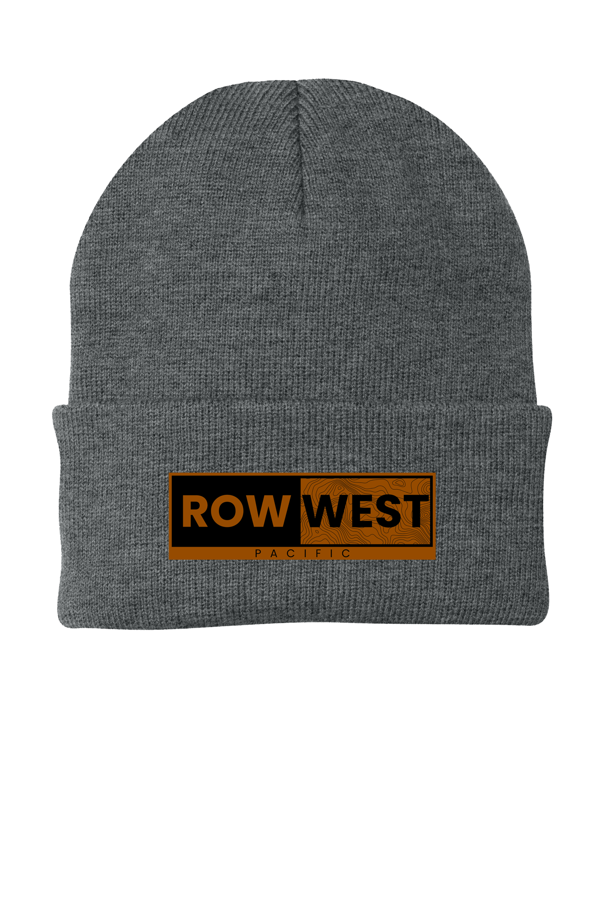 Gray beanie hat with a leather rectangular patch featuring the text 'ROW WEST' and 'PACIFIC' in black and brown, with a topographical map pattern.