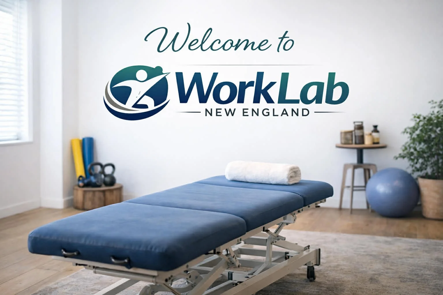 A massage therapy room with a massage table covered with a blue sheet, a rolled towel on top, a window with blinds, fitness equipment including kettlebells and foam rollers, and a plant in the corner. The wall features the logo and text: "Welcome to WorkLab New England."