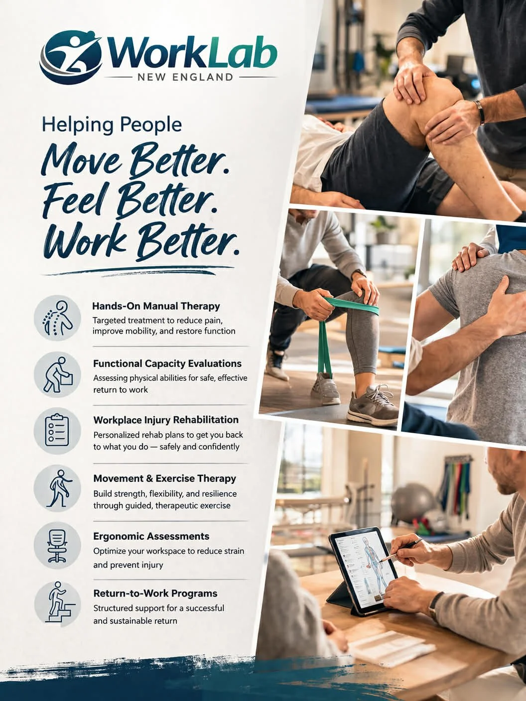 Poster for WorkLab New England showing images of physical therapy, assessment, and consultation, with text about therapy and rehabilitation services.