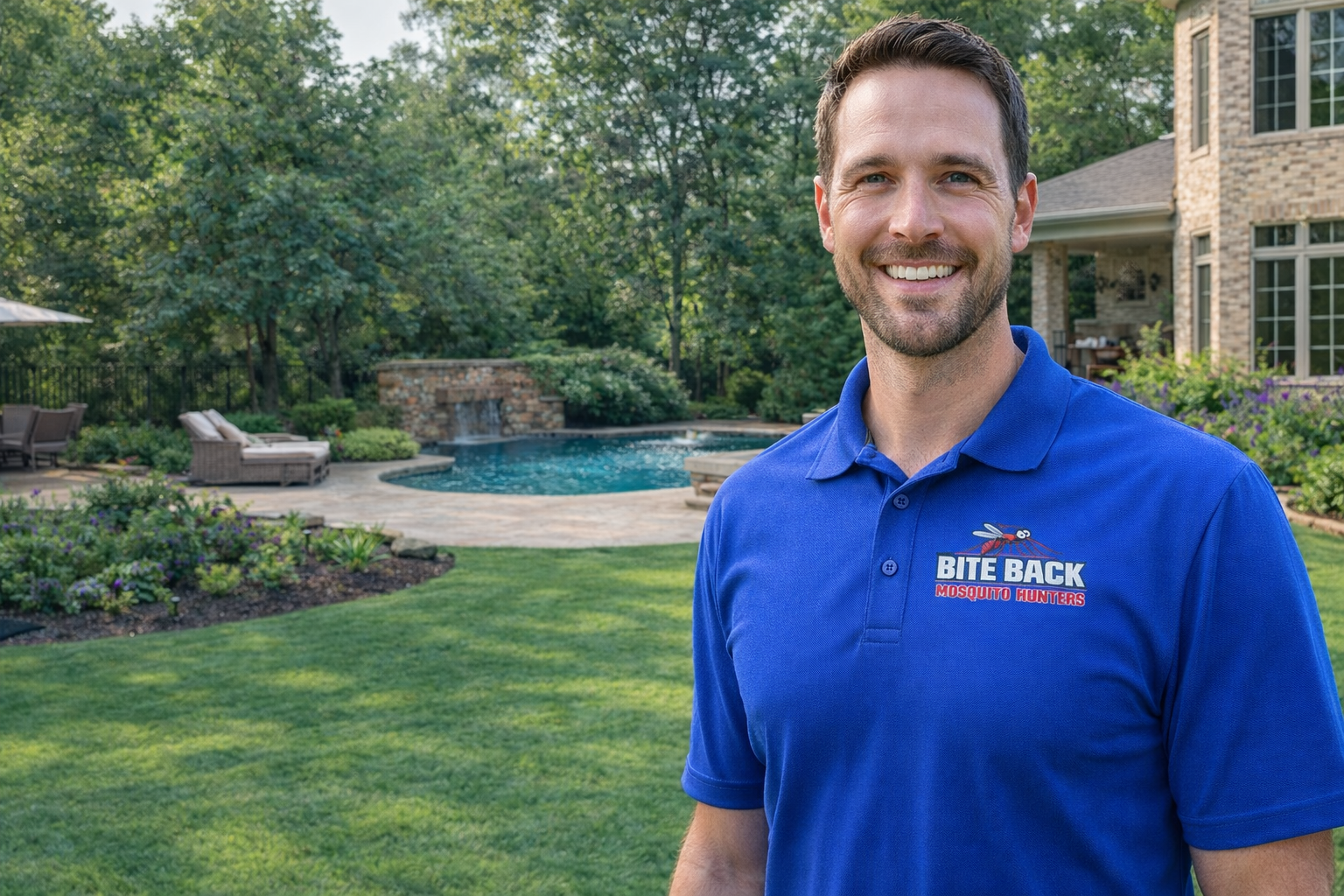 a Professional Bite Back Mosquito Hunters Mosquito Spray Technician  Standing in a Mosquito Free Backyard with a Pool in Maple Grove Minnesota