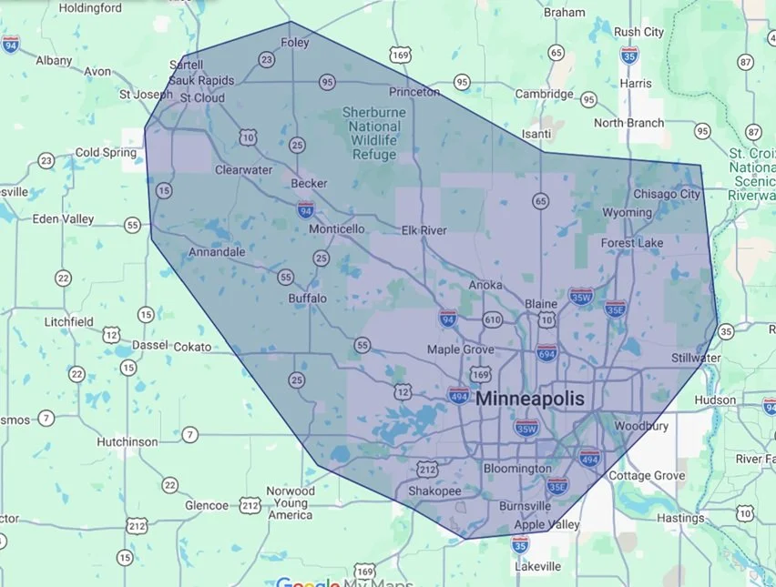 Map of the Bite Back Mosquito Hunters service area for professional mosquito and tick control in the Twin Cities, St. Cloud, and surrounding Minnesota communities.