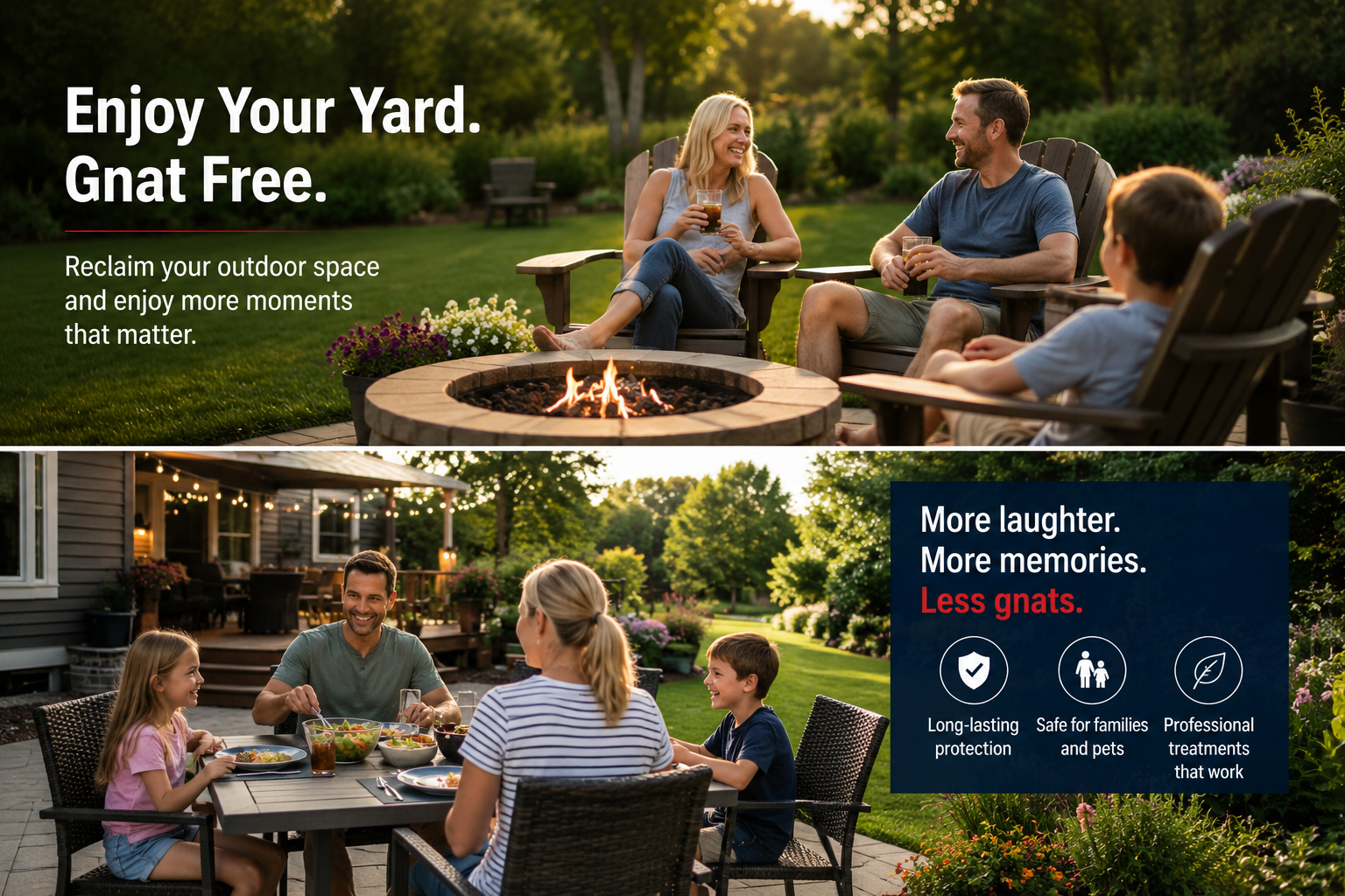Family relaxing around a backyard fire pit after professional outdoor gnat control treatment.