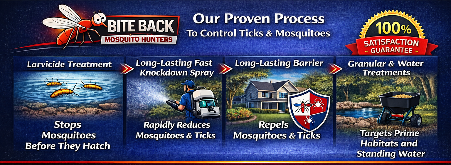 Bite Back Mosquito Hunter's Proven Process to Get Rid of Ticks and Mosquitoes by stopping the larvae and spraying or fogging the trees and yard to kill the biting adult mosquitoes. This creates a barrier to protect your yard.