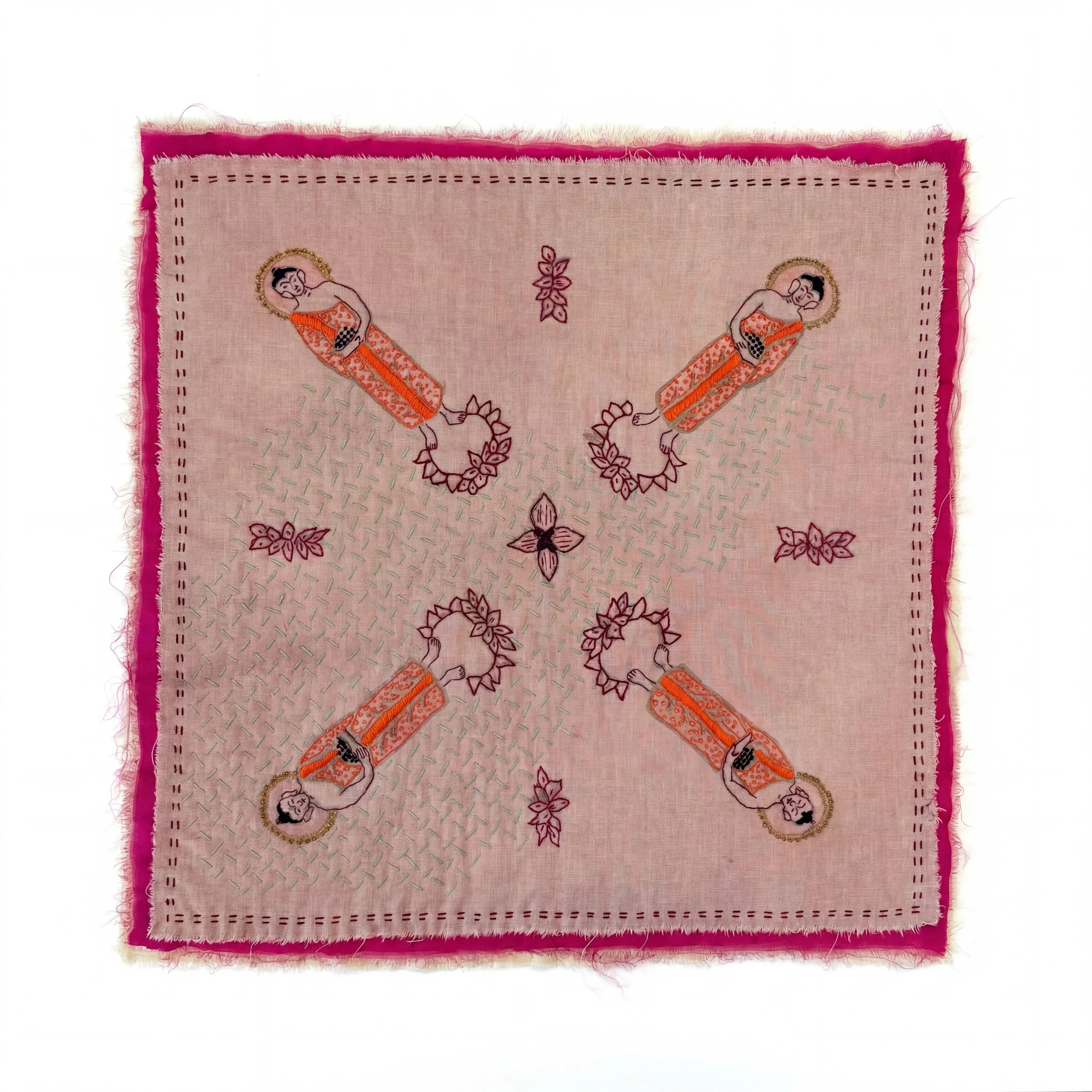 In Circle
2024
Naturally dyed fabric, cotton, beading
18"H x 18"L