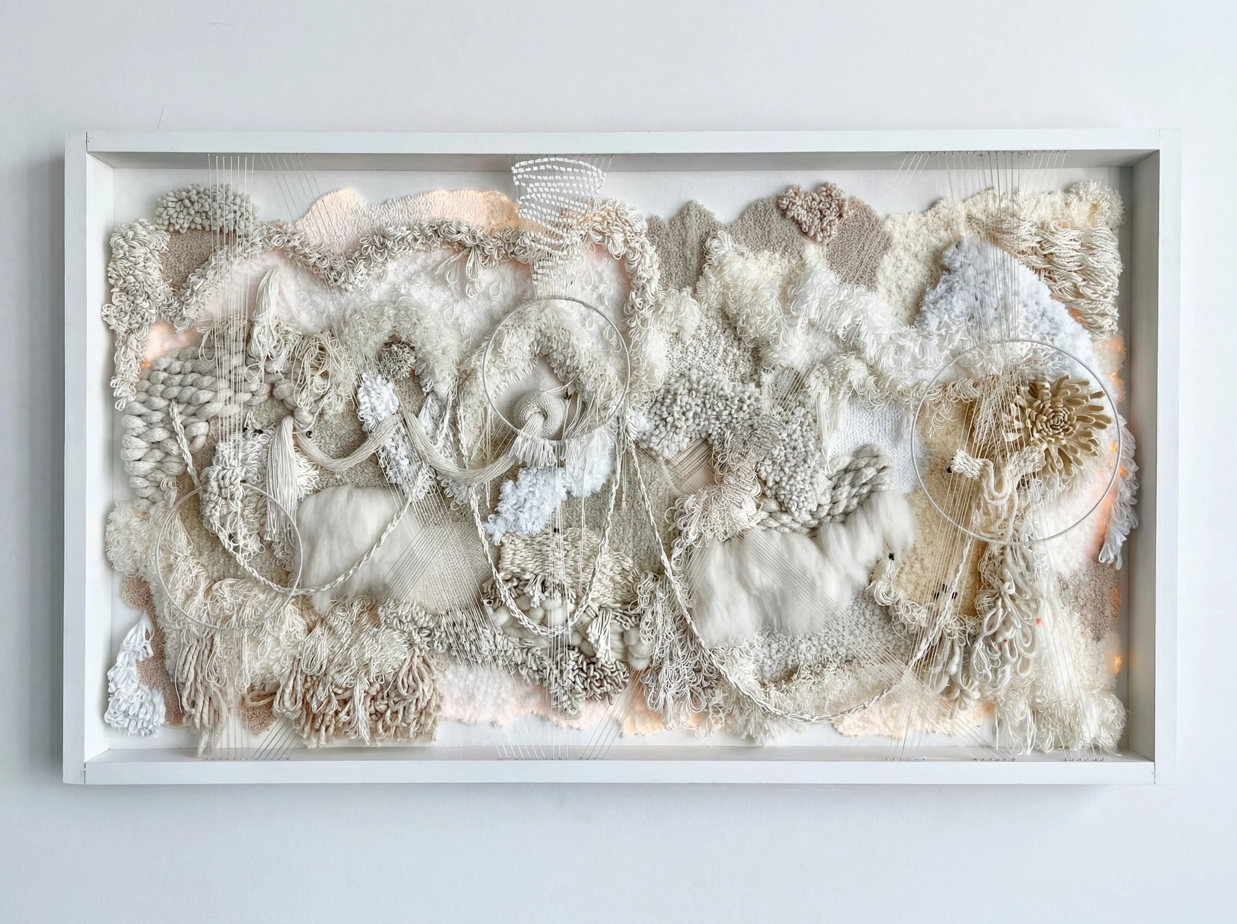 Composition
2023
Wool, cotton, acrylic, wood, backlighting
44"H x 75"L
AVAILABLE