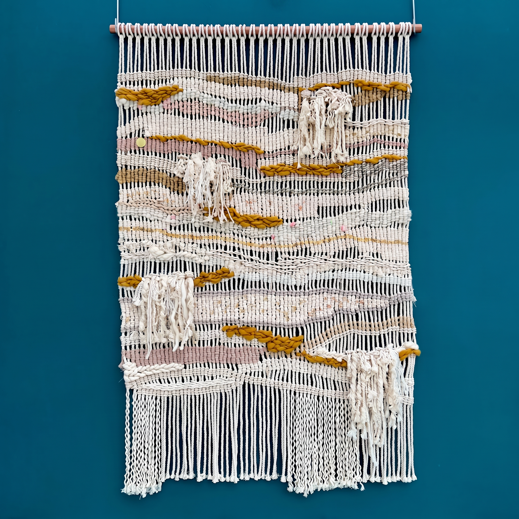 Drift
2021
Cotton, wool, metalic string, gold leaf, brass sequins, paint, wood
54"H x 36L"
SOLD / PRIVATE COLLECTION 