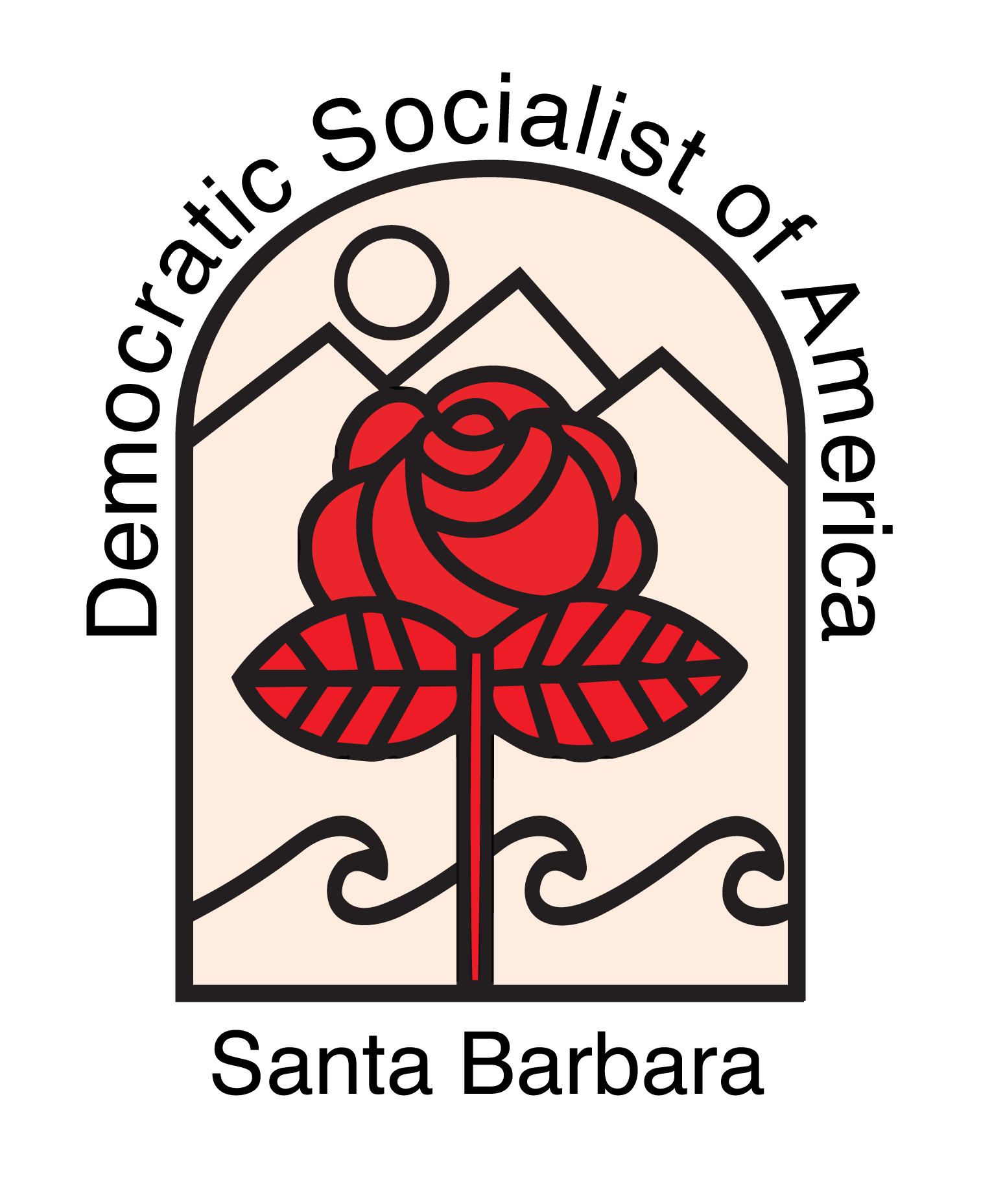 DSA Santa Barbara logo: a red rose in front of a sun, mountains, and ocean