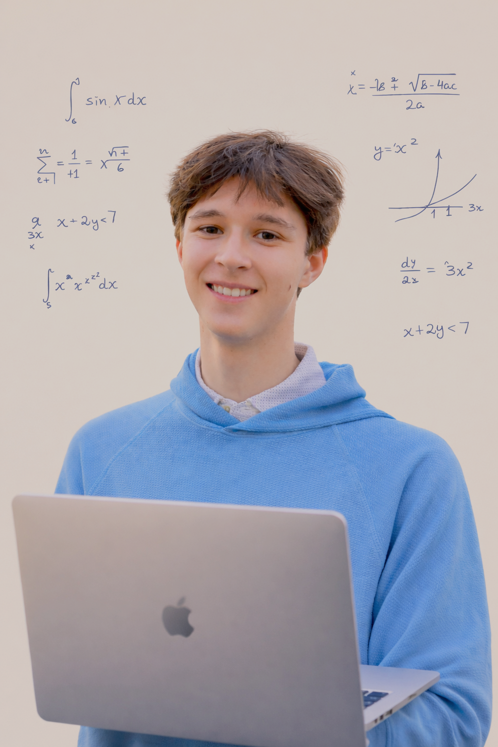 Henry Anderson smiling while holding a laptop, with mathematical equations illustrated behind him.
