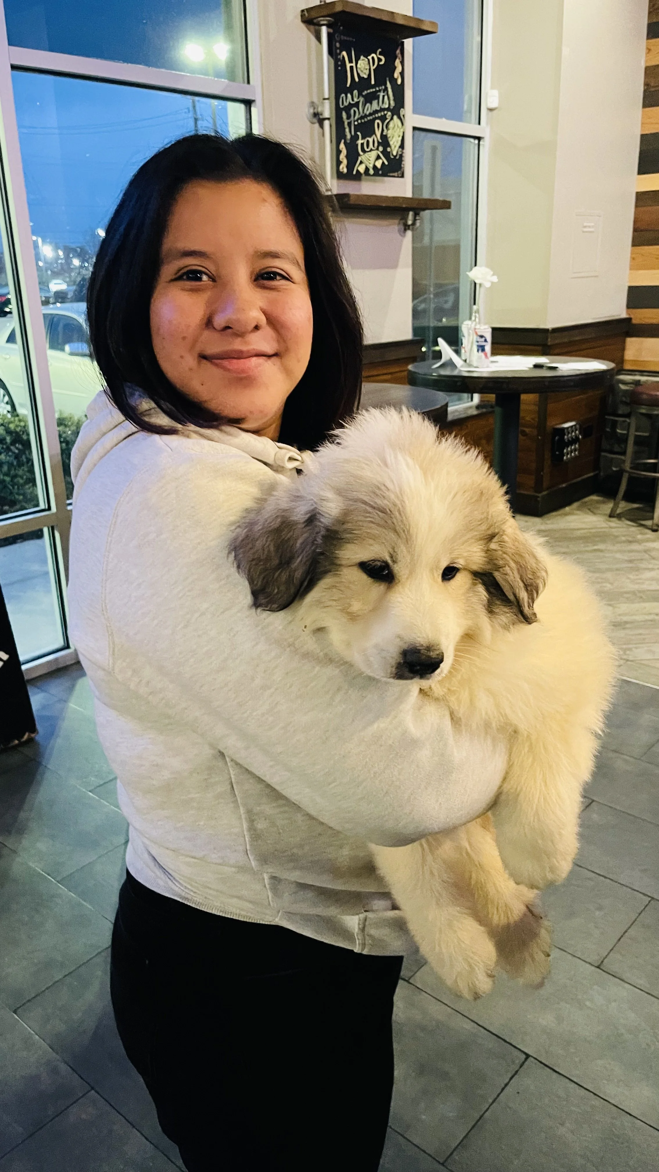 A woman with short dark hair holding a fluffy white puppy with gray ears inside a cafe. The woman is smiling at the camera, and the cafe interior has wooden accents and chalkboard signs.