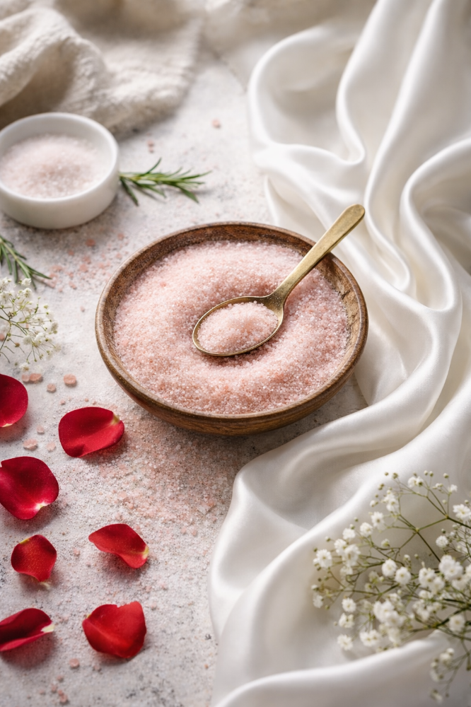 Pink Himalayan salt in a wooden bowl with a gold spoon, surrounded by red rose petals, white flowers, a small bowl of salt, and white fabric on a light surface.
