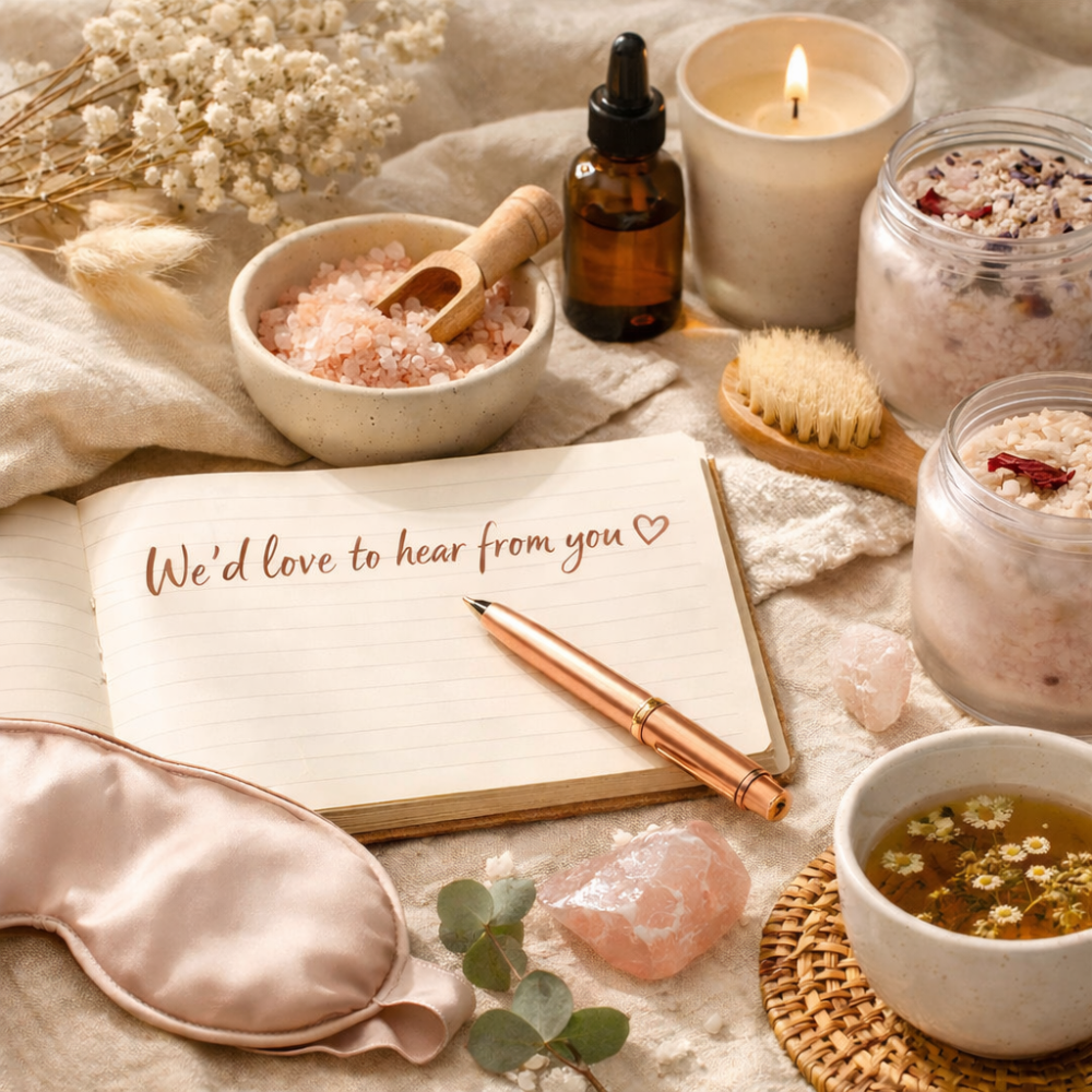 A wellness or self-care setup with a notebook, pink pen, Himalayan salt, essential oil bottle, candle, herbal tea, and jars of bath salts, all arranged on a soft fabric surface.