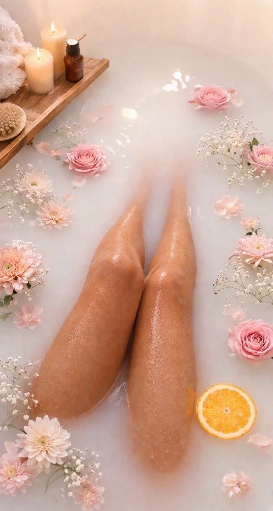 A calming milk bath ritual with botanical florals and soft, skin-nourishing ingredients designed to relax the body and elevate everyday self-care.