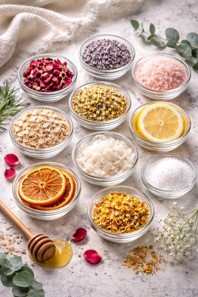 Assorted dried flowers, citrus slices, sea salts, honey, and herbs in small glass bowls on a light marble surface with a honey dipper, dried rose petals, and greenery for decor.