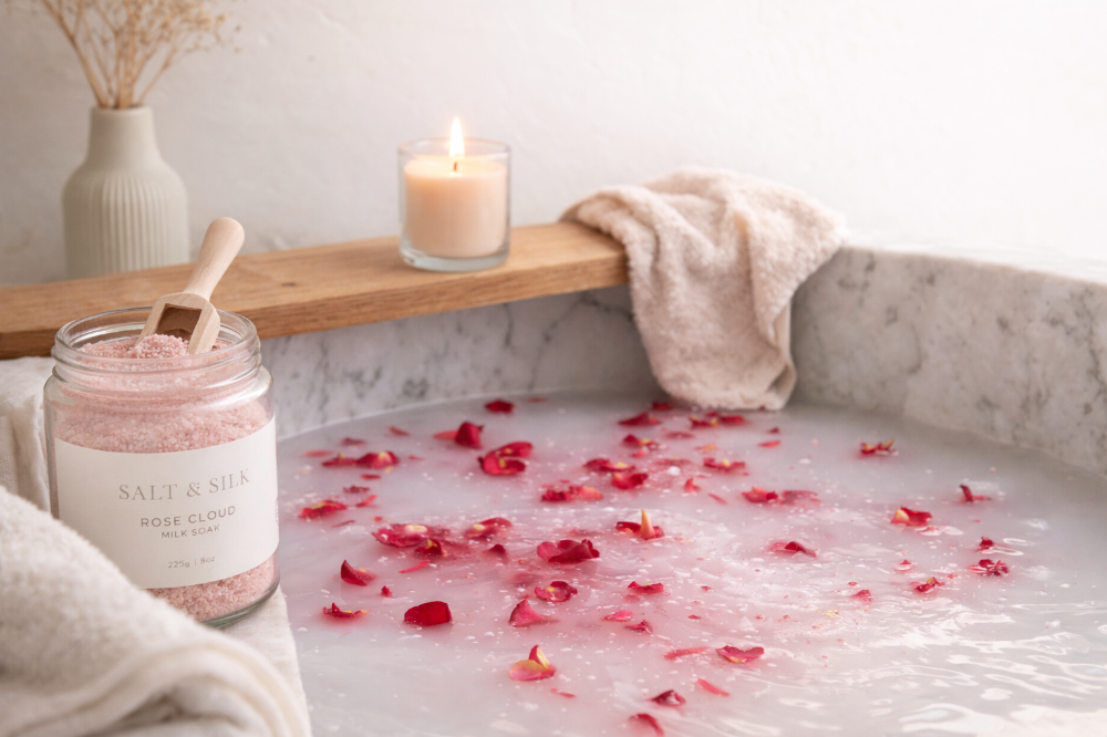 A bathroom with a bathtub filled with water and rose petals, a lit candle, a jar of pink bath salt, and towels.