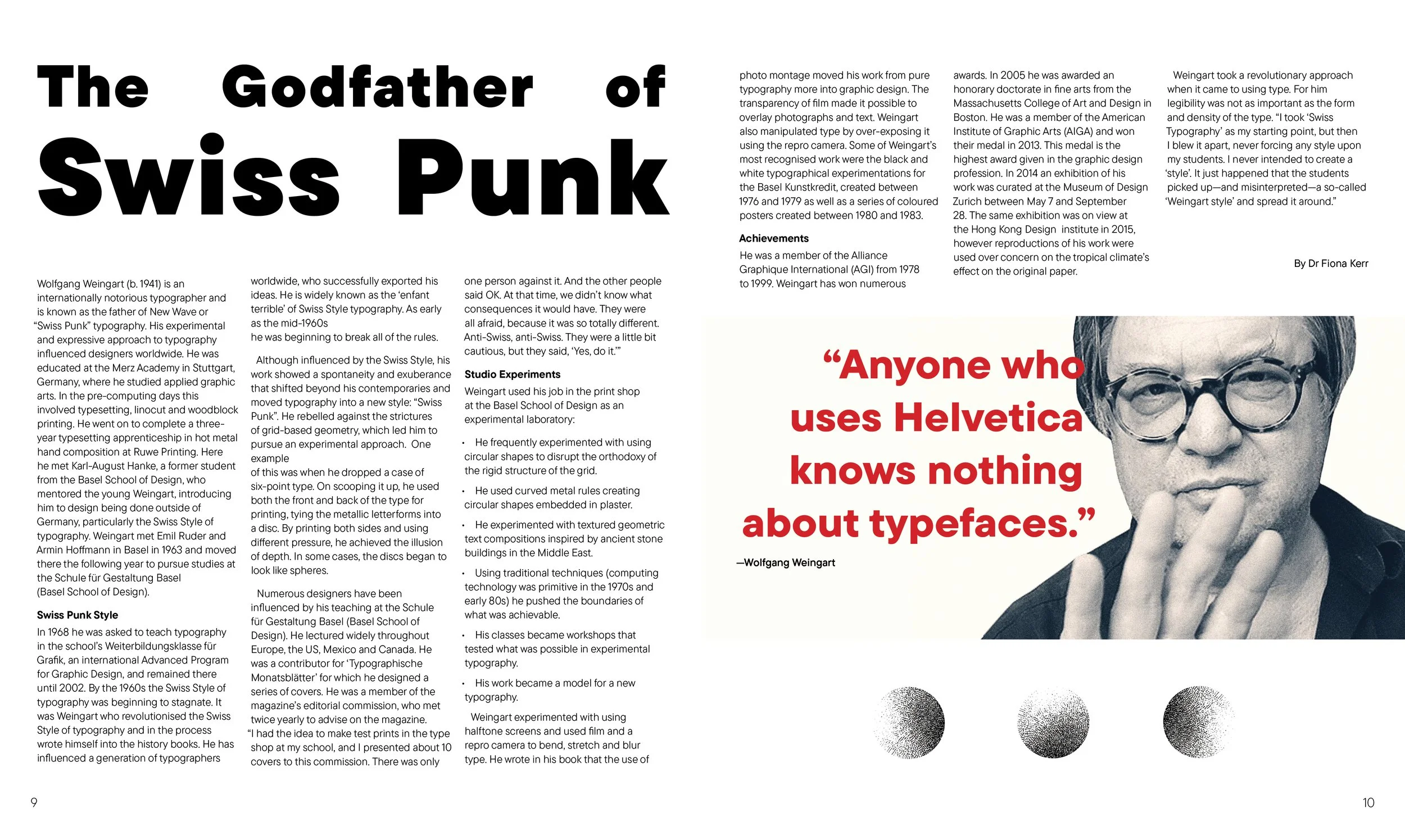 Two-page magazine spread about Wolfgang Weingart, a Swiss typographer. The left page contains biographical and career information, including his influence on Swiss style typography. The right page features a quote in red text, a black-and-white portrait of Weingart wearing glasses, and three different textured patterns or designs.