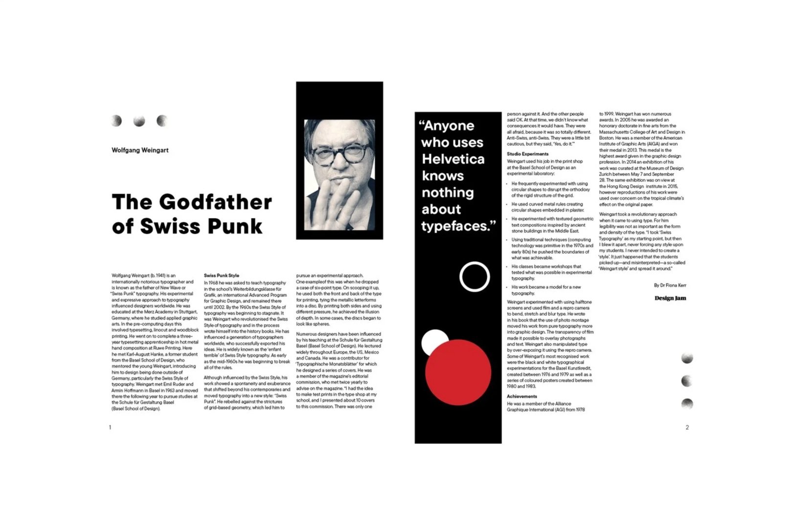 Magazine spread featuring Wolfgang Weingart as the Swiss punk style graphic designer. Includes a black and white portrait, quote, and biography.