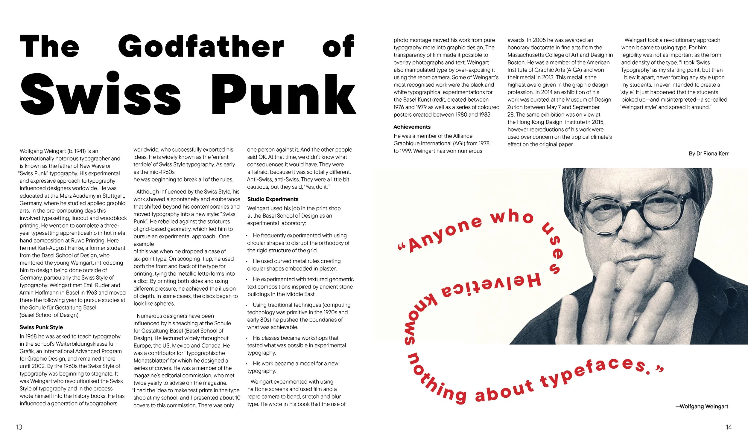 Two-page magazine article about Wolfgang Weingart, Swiss typographer and designer, with a black-and-white photograph of him wearing glasses and touching his face.