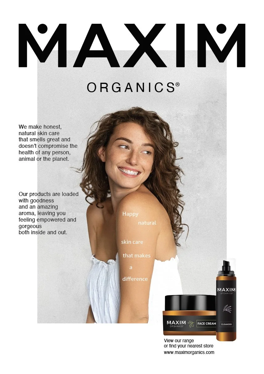 Promotional advertisement for Maxim Organics skincare products featuring a smiling woman with curly hair, alongside images of face cream and cleanser, emphasizing natural skin care.