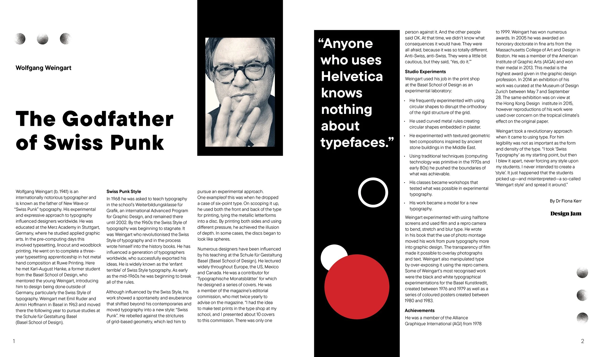 Open two-page magazine spread about Wolfgang Weingart, titled 'The Godfather of Swiss Punk,' featuring a black and white photo of Weingart, a quote in bold text, and sections detailing his biography, influence, and achievements.