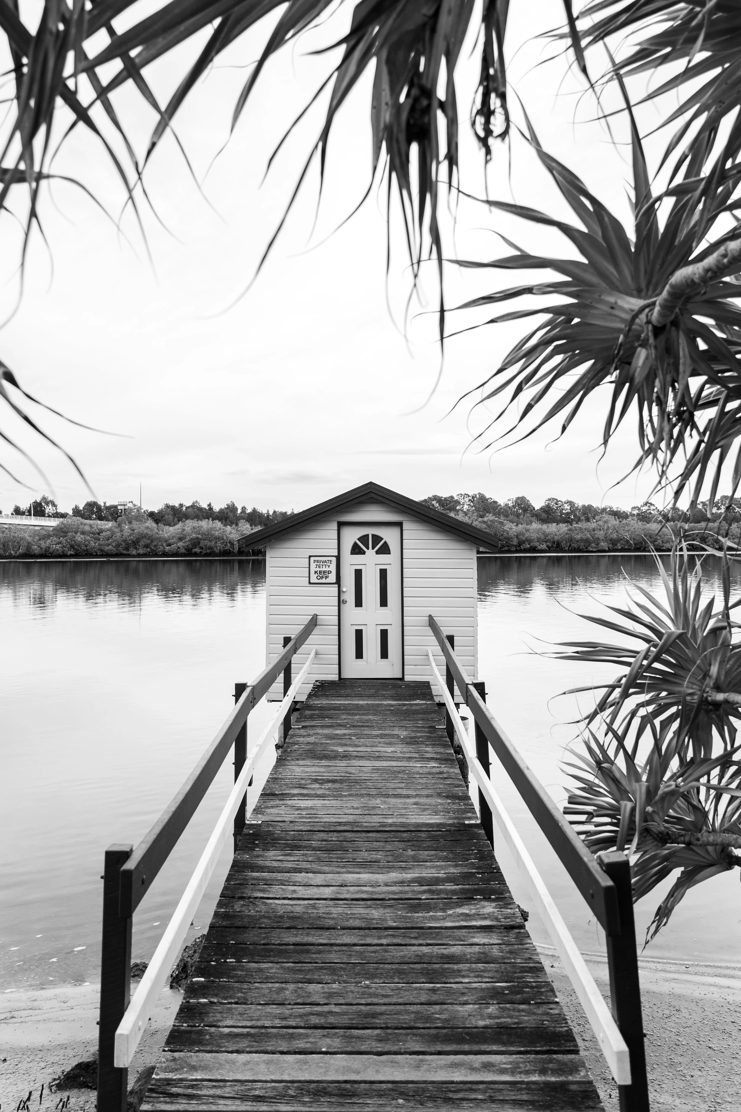 Black and white photo of a small boathouse at the end of a wooden pier over water, with trees in the background and palm leaves in the foreground.