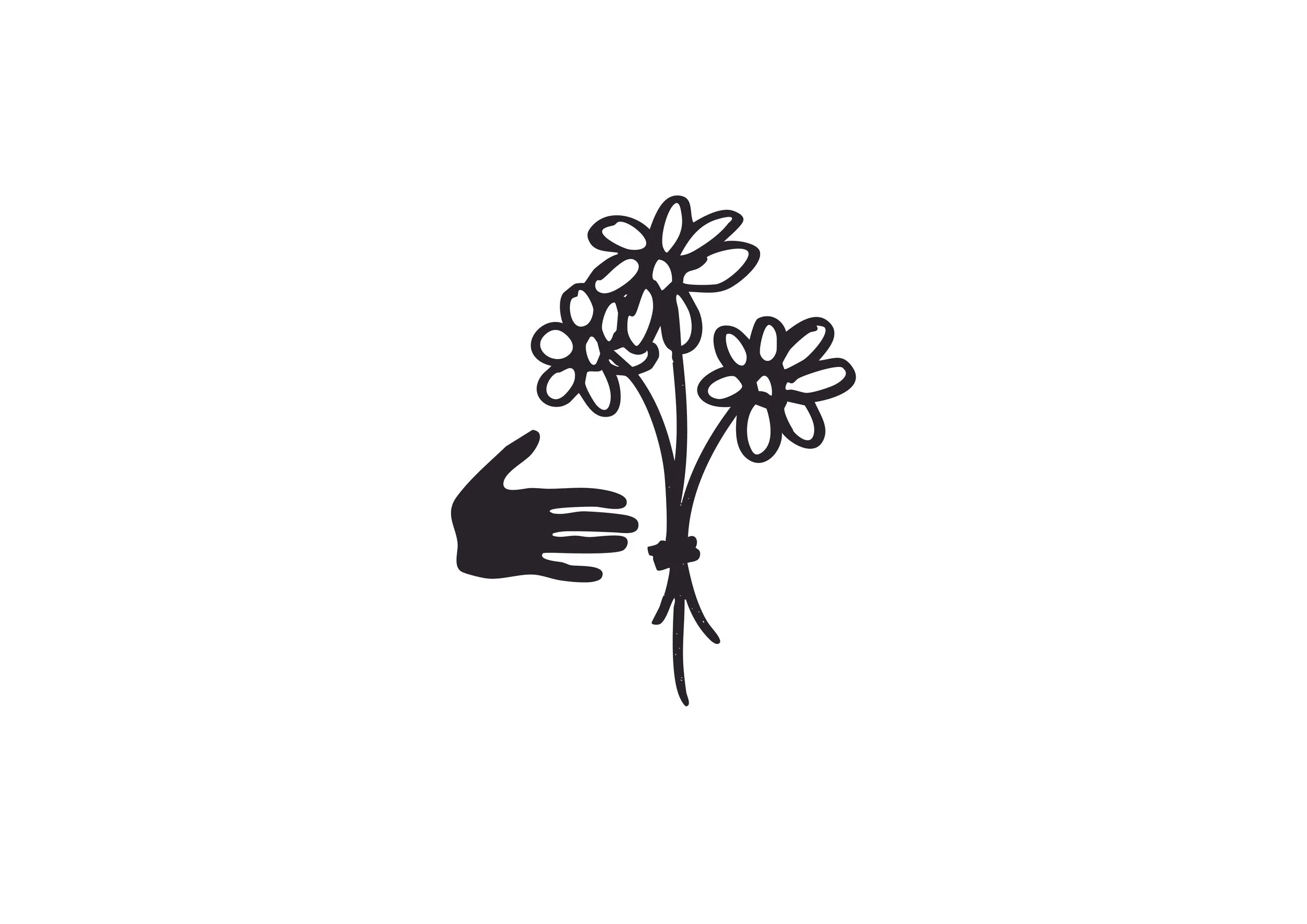 Black outline of a hand holding a bouquet of flowers on a white background.