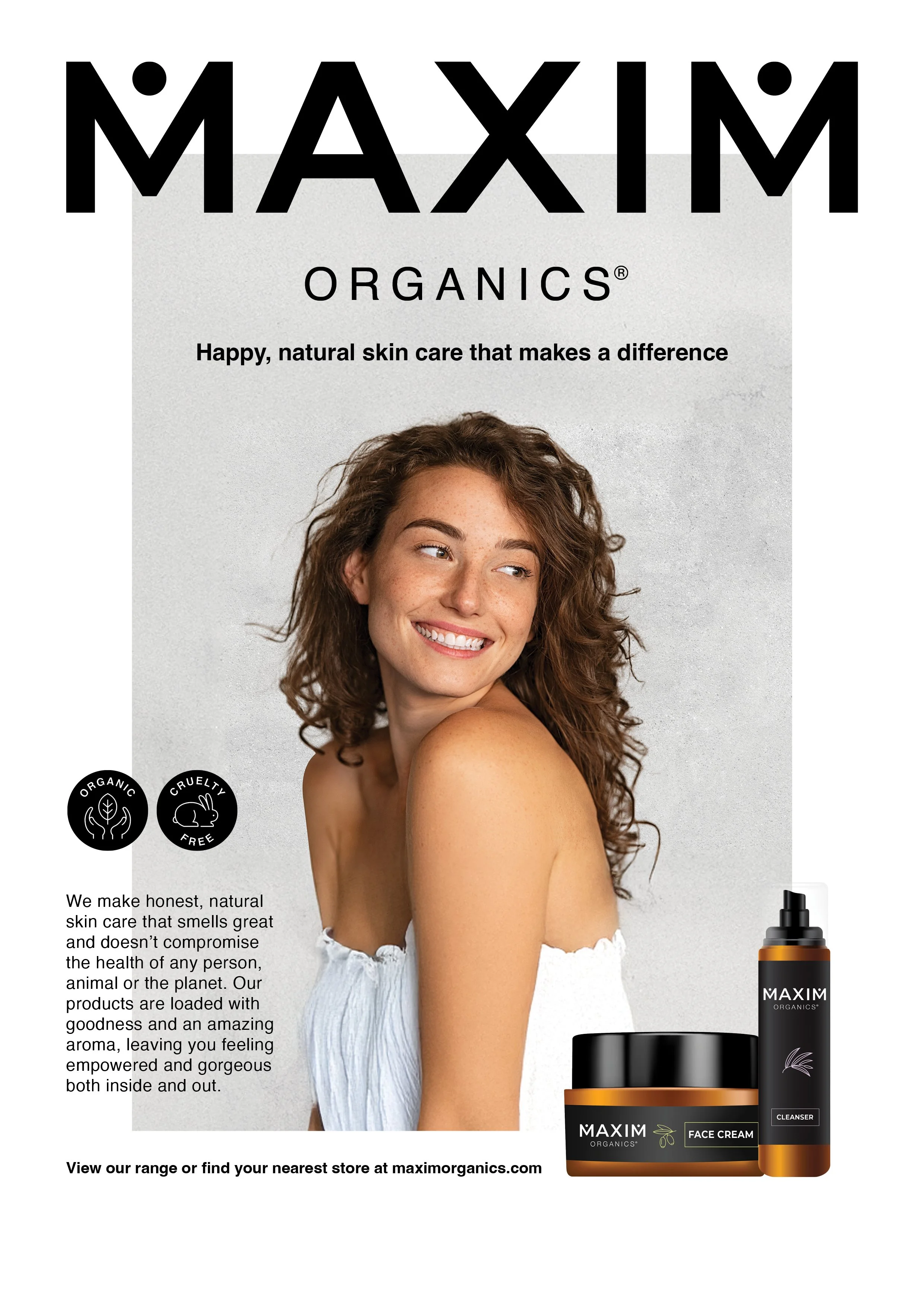 Maxim Organics skincare advertisement featuring a smiling woman with curly hair, emphasizing natural, organic, cruelty-free skin care products including a face cream and a cleanser.