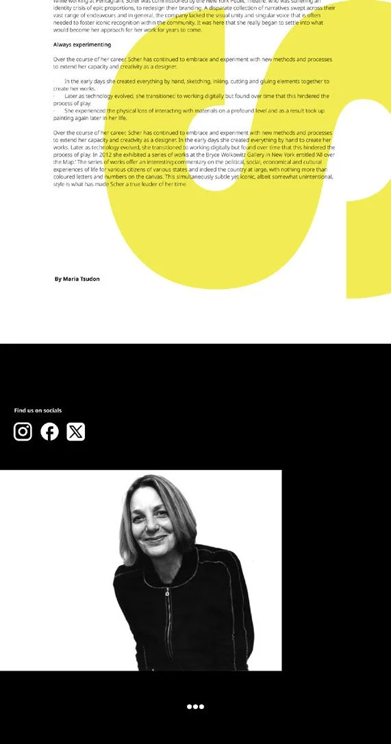 The image features a webpage with a highlighted text section, social media icons, and a black-and-white photo of a smiling woman with shoulder-length hair, wearing a black jacket, at the bottom.