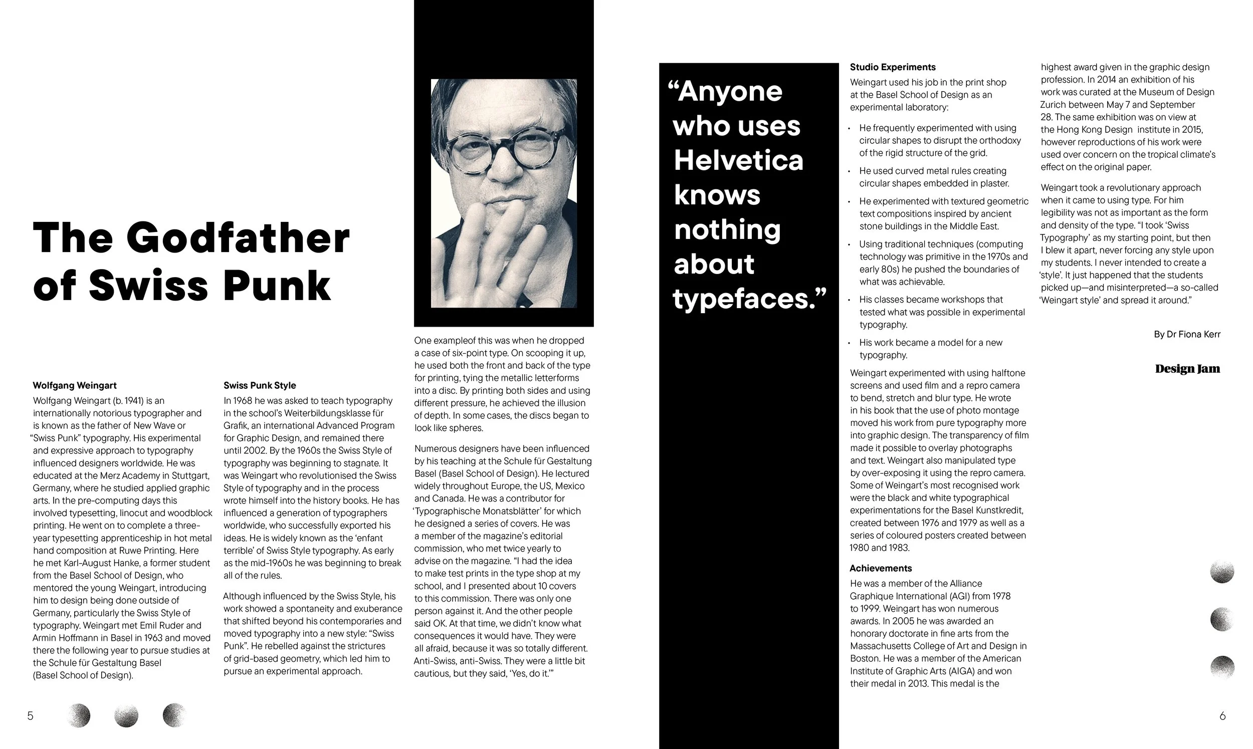 A magazine spread titled "The Godfather of Swiss Punk" about Wolfgang Weingart, featuring a black-and-white portrait of him, and referencing his work in typography and design, with text describing his background, style, and achievements.