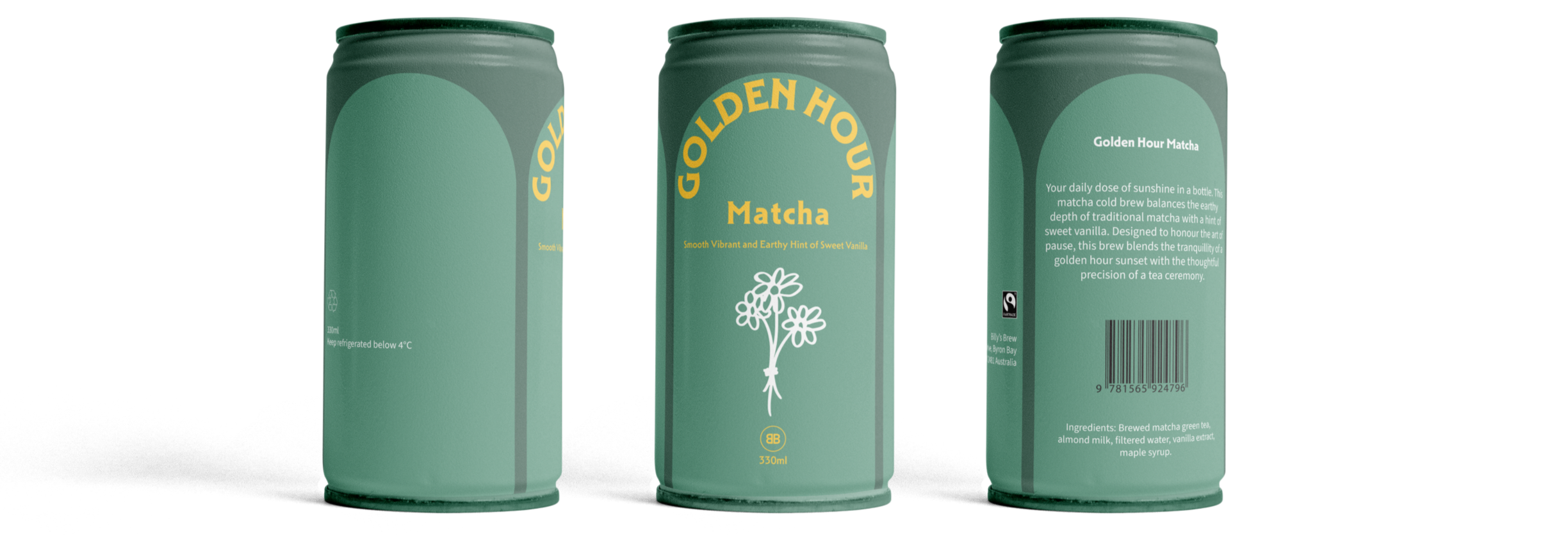 Front and back views of a green can of Golden Hour Matcha tea with a simple white floral illustration, containing product description and ingredients.