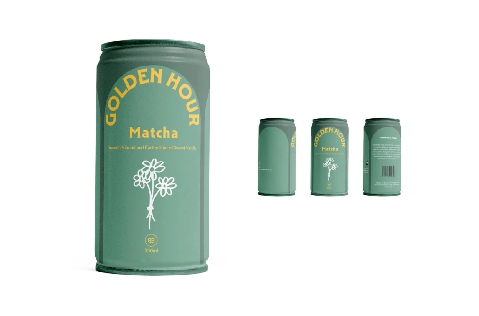 A green can of Golden Hour Matcha with floral illustration, front view, with additional side views showing packaging details.