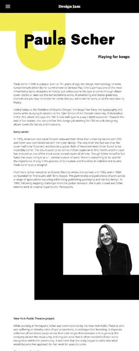 Profile of Paula Scher, a graphic designer, with text about her career and achievements, including her early work, education, and notable projects. Contains a black and white photo of Paula Scher.