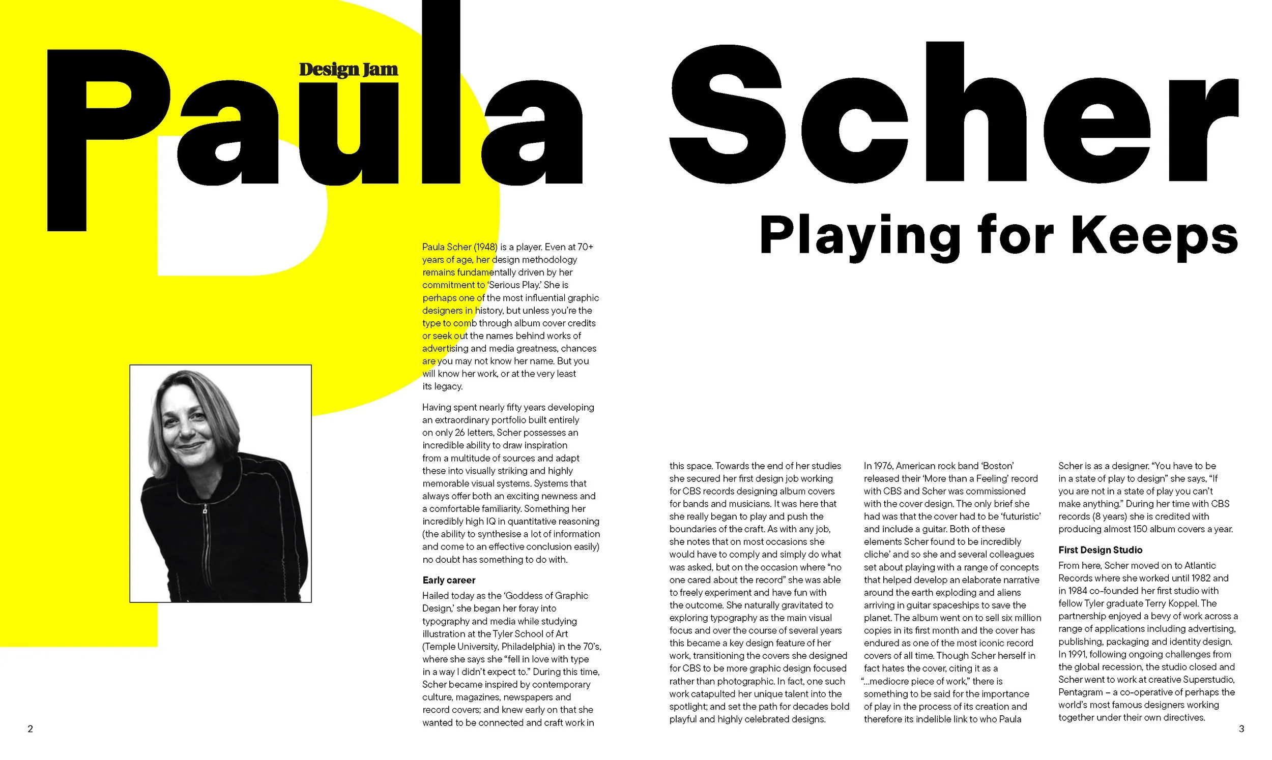 Magazine spread featuring a large headline about Paula Scher, with text discussing her career as a graphic designer and her achievements, including the cover story and a black-and-white photo of her in the bottom left corner.