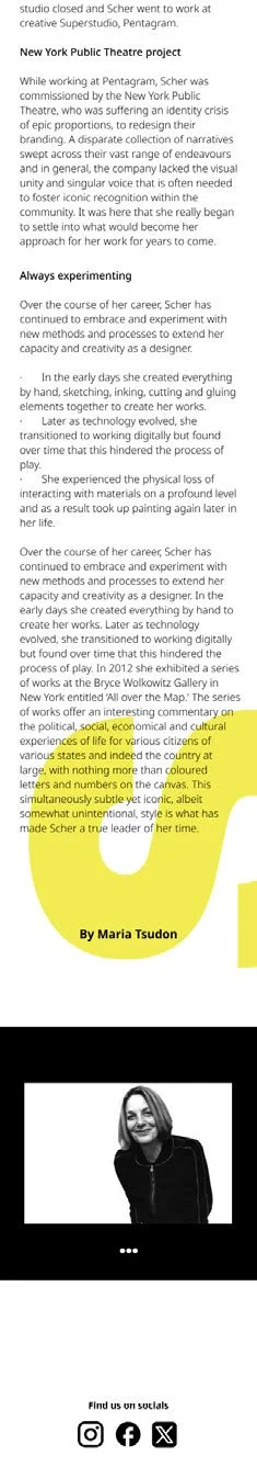 A screenshot of an article titled 'New York Public Theatre project' about Scher' work and influence in the arts, with a highlighted quote in yellow and a black-and-white photo of a woman at the bottom, along with social media icons.