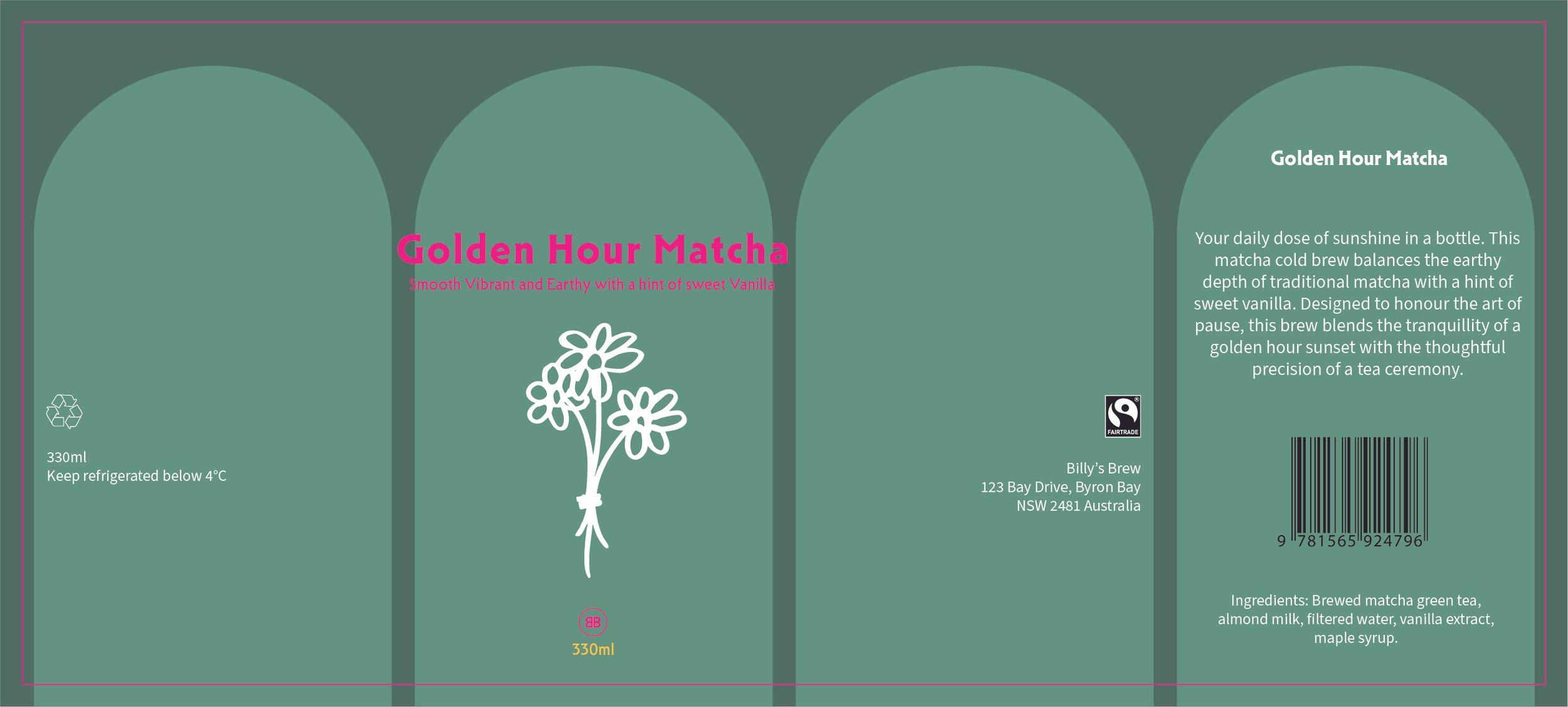 Packaging label for Golden Hour Matcha, featuring a white flower illustration, product description, fair trade logo, barcode, and ingredients list.