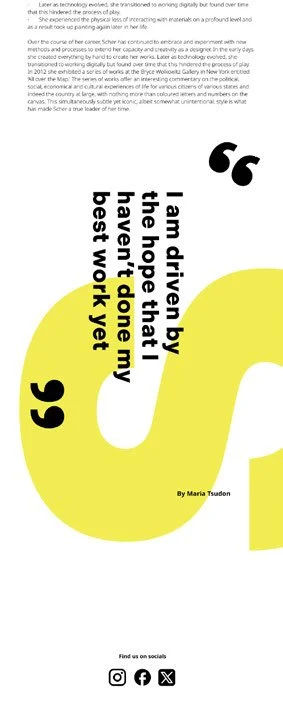 A quote on a yellow and white background reads: "I am driven by the hope that I have that I don't my best work yet." The quote is attributed to Maria Tsudon and is accompanied by social media icons at the bottom.