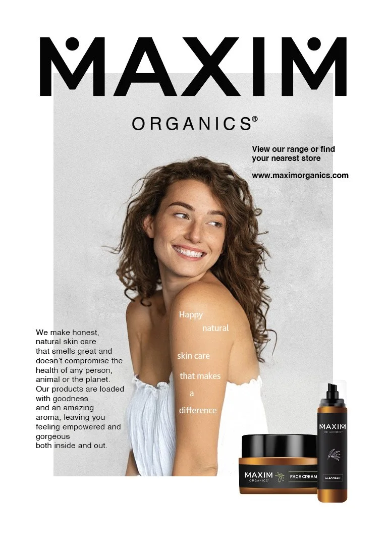 An advertisement for Maxim Organics featuring a woman with curly hair smiling and looking to the side, showcasing her shoulder. The ad highlights natural skin care products and includes images of face cream and a cleanser. The text emphasizes honesty, natural skin care, and making a difference.