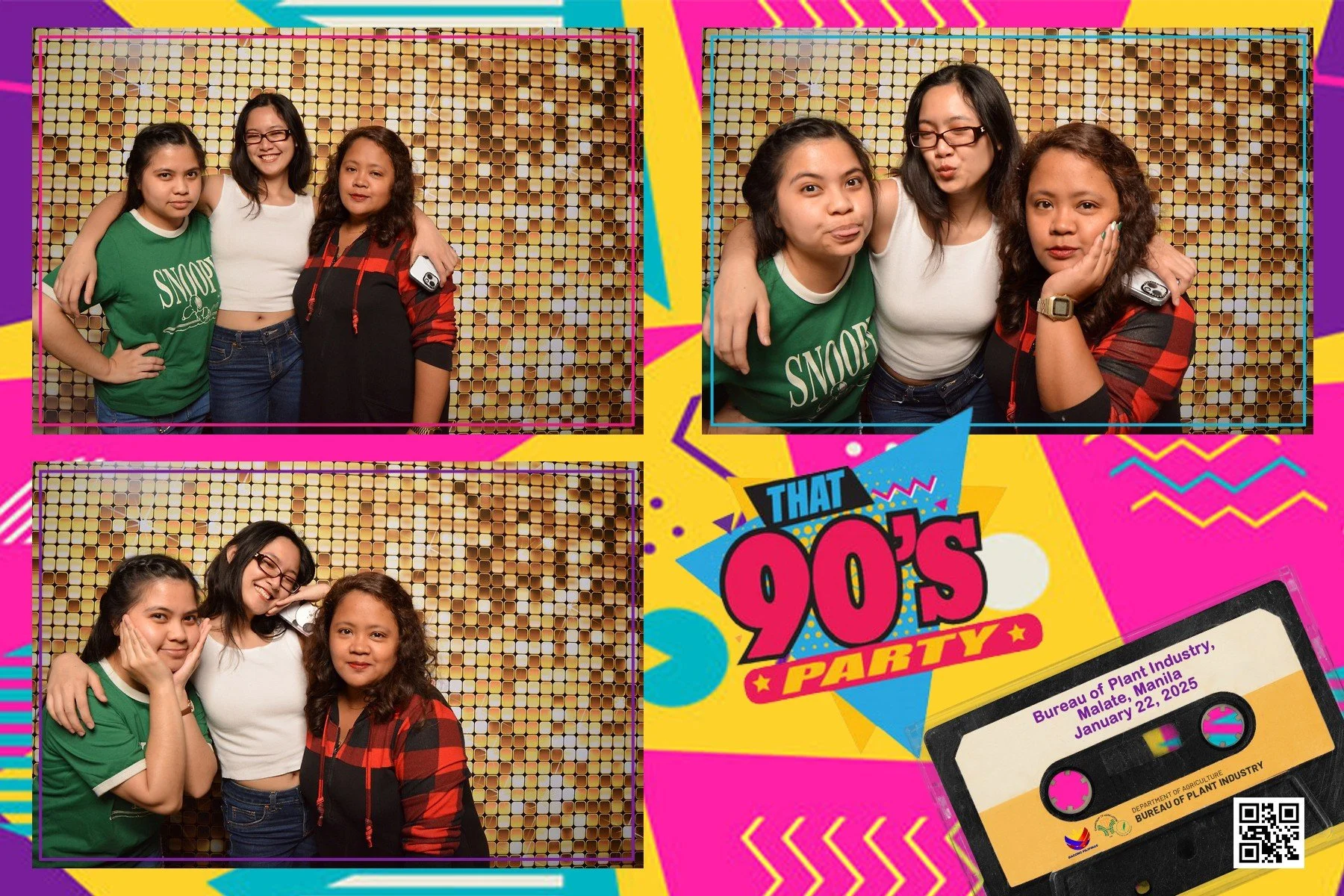 Photobooth collage from a 90s-themed party with four women posing in front of a gold glittery background, featuring three separate images: the first has the women standing close together, the second has two women sitting and posing, and the third has