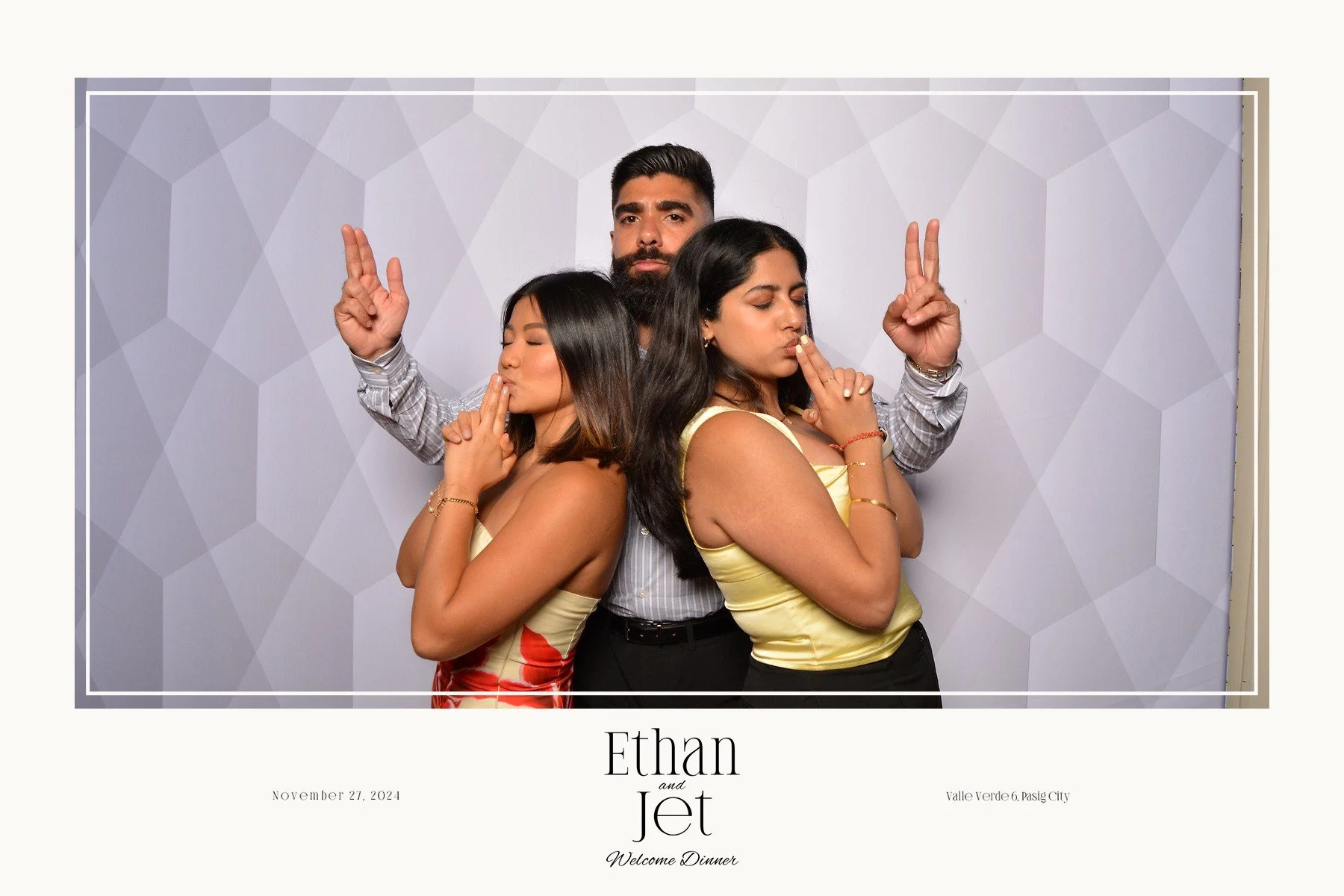 Three people posing with closed eyes and fingers near lips as if shushing, standing in front of a patterned background. The image appears to be part of a wedding invitation for Ethan and Jet, dated November 27, 2024, at Valle Verde 6, Pasig City.