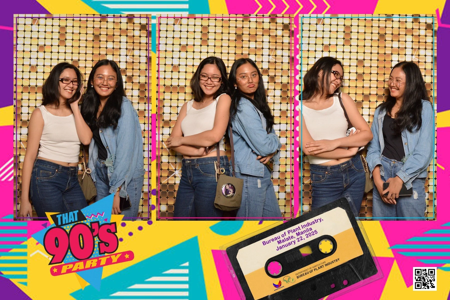 Three sets of young women posing for photos in front of a colorful background with a cassette tape prop and a graphic label reading 'That 90's Party' and details about a bureau of plant industry event in Manila, January 22, 2025.