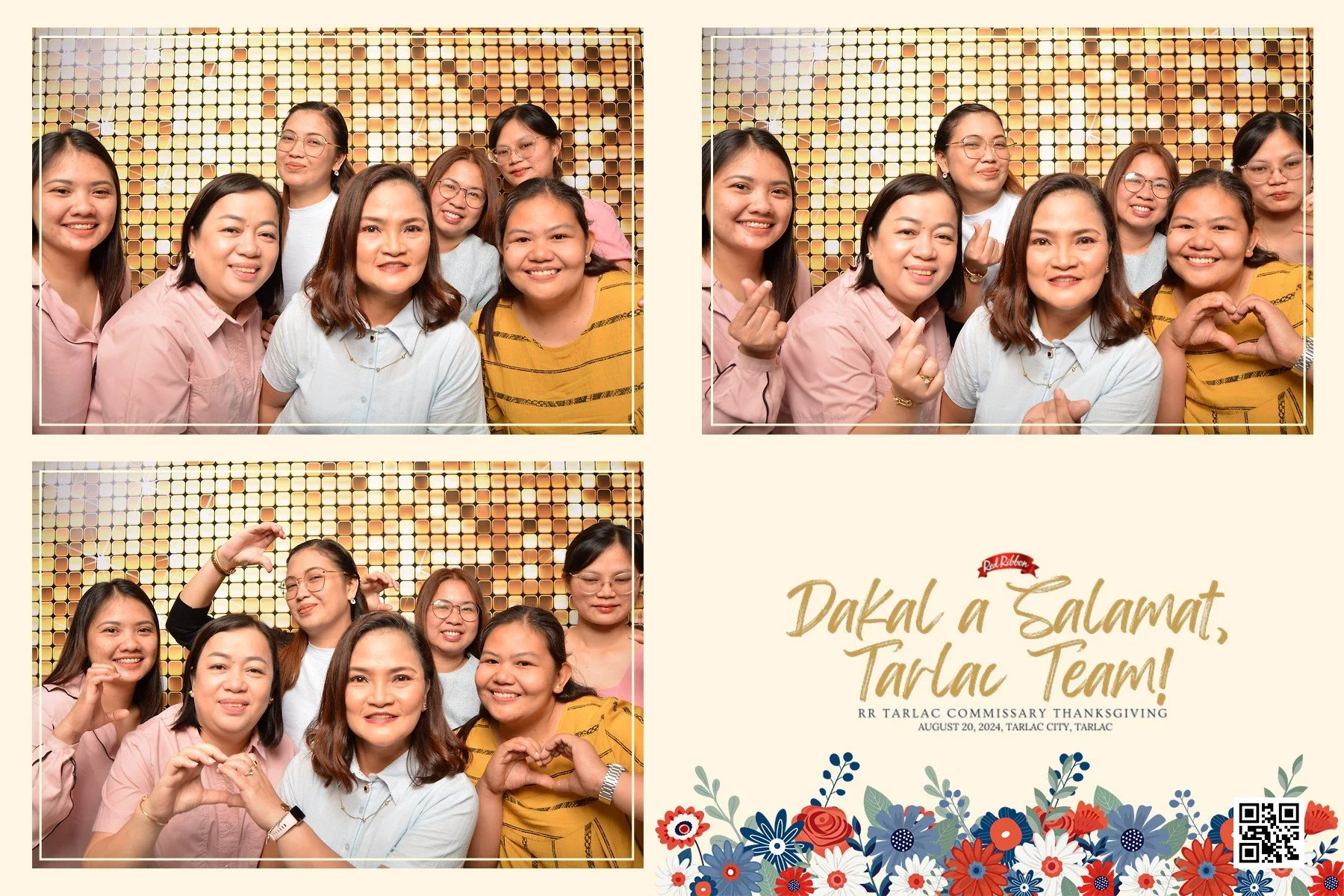 A collage of photos featuring a group of women at a thanksgiving event, with a greeting card that says, 'Dakal a Salamat, Tarlac Team!' and details about the event in Tarlac City on August 20, 2024, decorated with colorful flowers and a QR code.