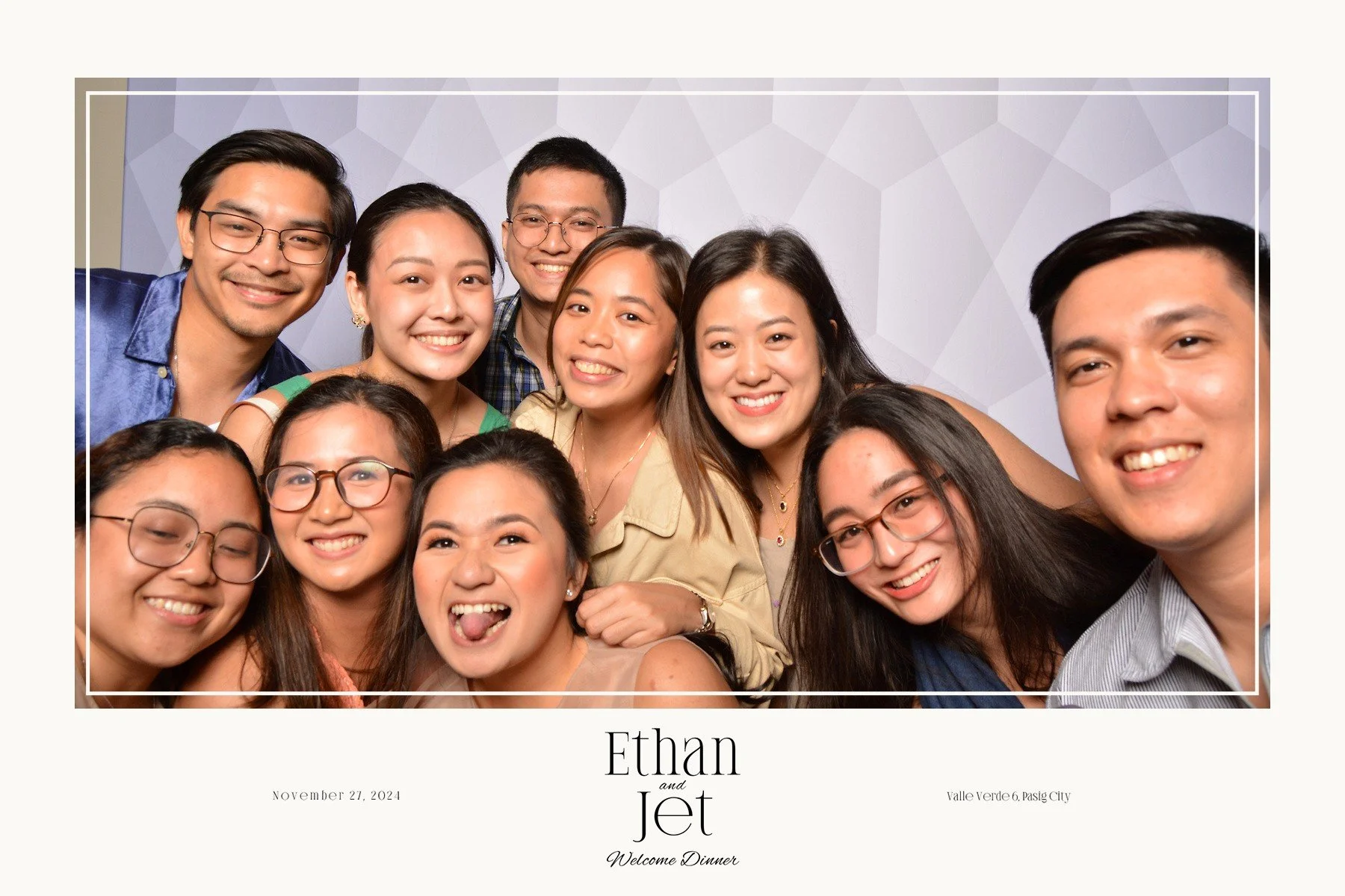 Group of friends at a wedding or celebration event, smiling, posing for a photo, with names Ethan and Jet, dated November 27, 2024, in Pasig City, Philippines.