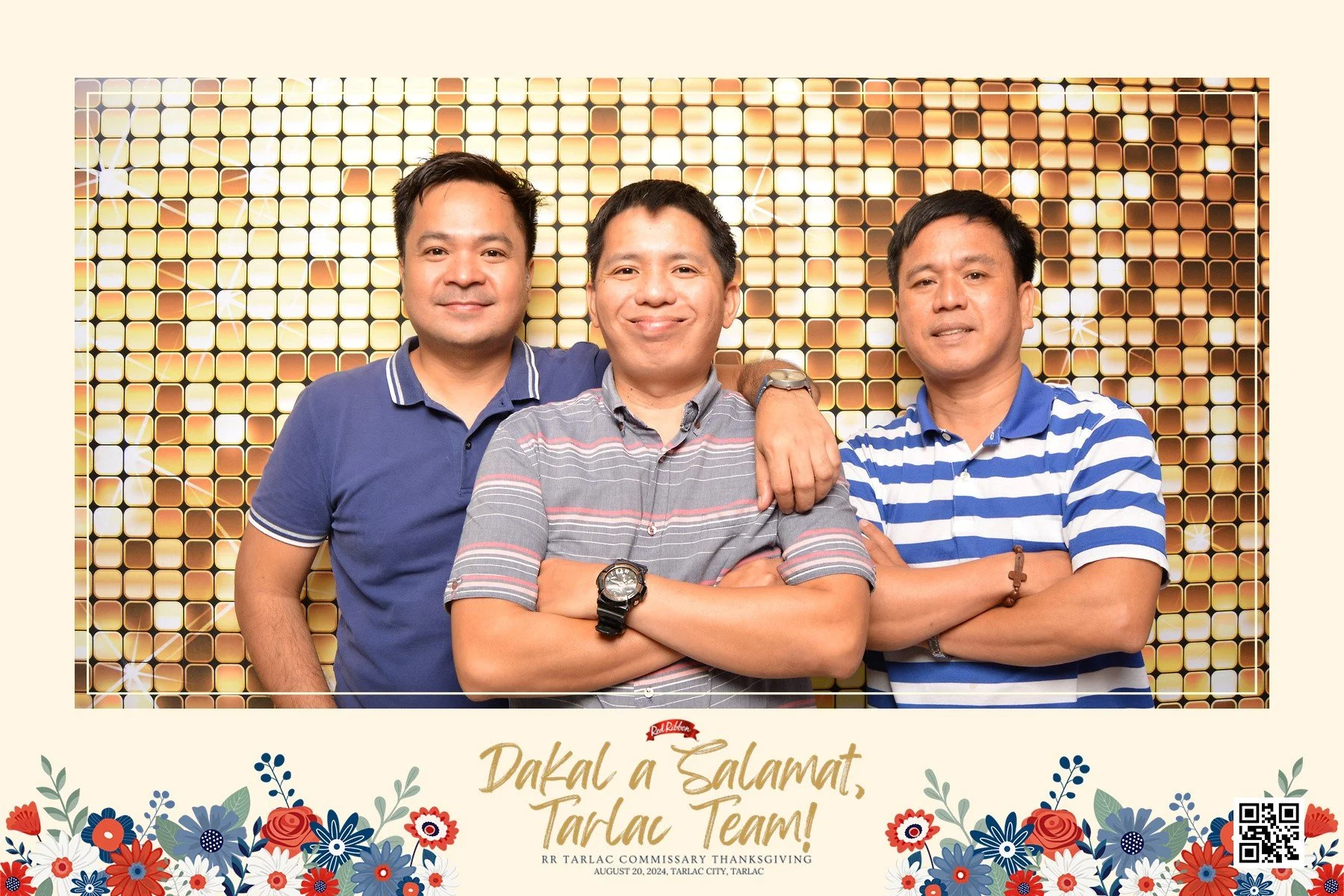 Three men standing together with a gold and black Hollywood star wall background, smiling and posing for a photo at a celebration event.
