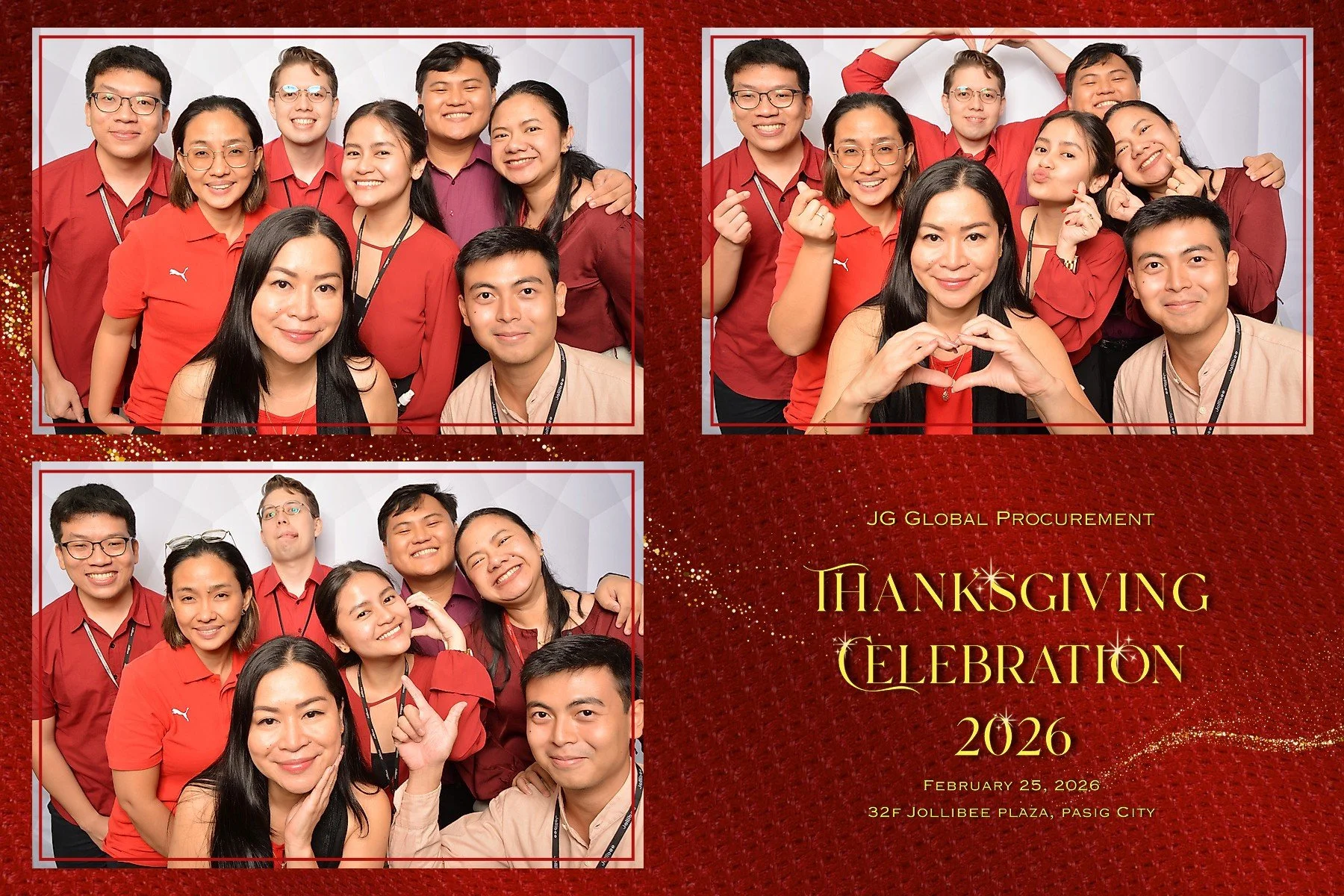 Group photo of nine people celebrating Thanksgiving, with two smaller photos of the same group, on a red background with gold accents. The event details read "JG Global Procurement Thanksgiving Celebration 2026, February 25, 2026, 32F Jollibee Plaza,