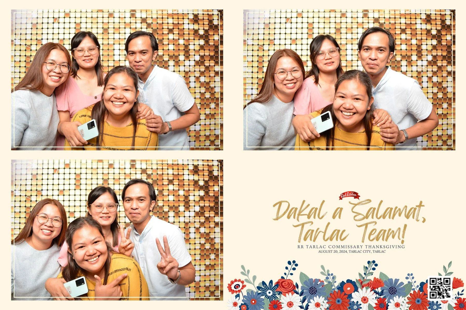 A photo collage of three images of five people smiling and posing together in front of a gold, dotted backdrop, celebrating a team event. The bottom right section contains a message in Filipino that says "Dakal a Salamat, Tarlac Team!" with floral il