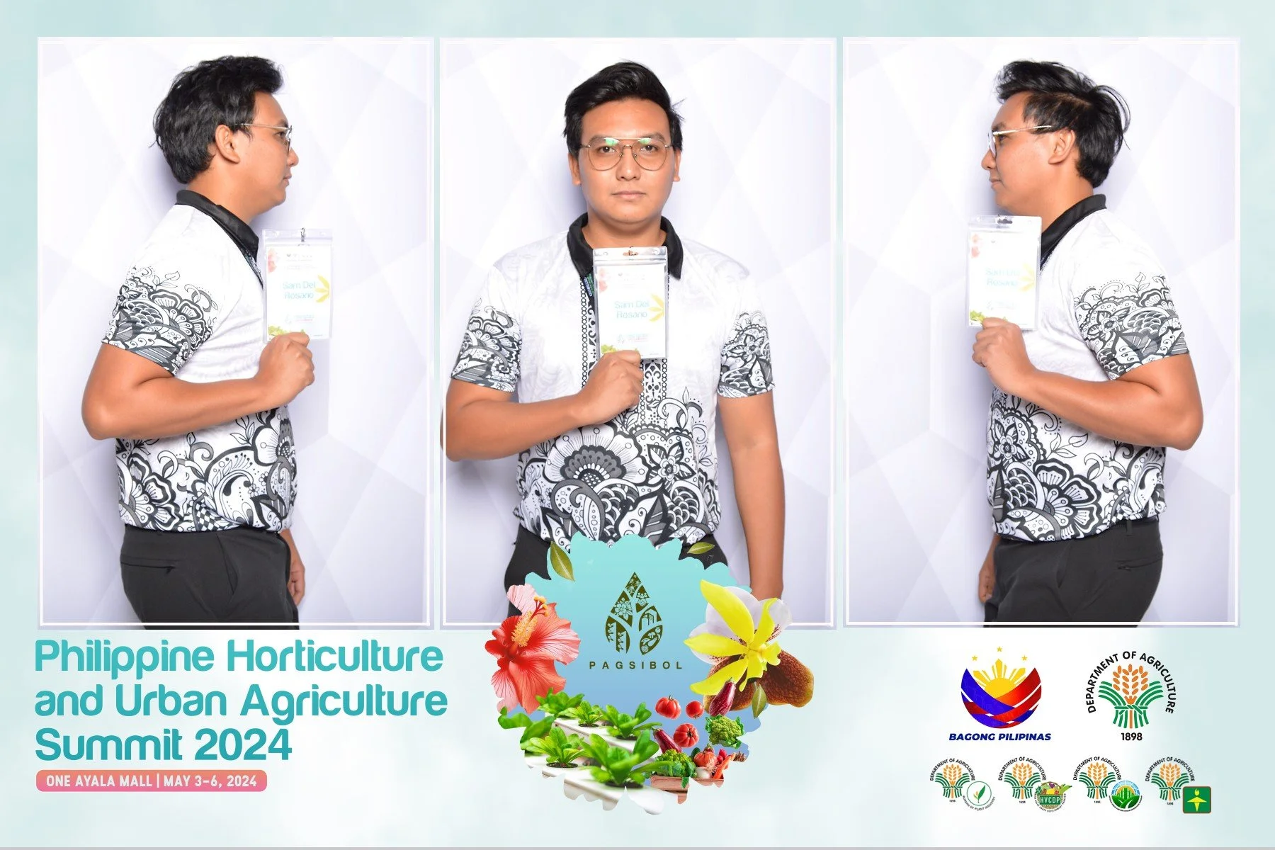 Three photos of a man holding an ID badge, with event information for the Philippine Horticulture and Urban Agriculture Summit 2024 at One Ayala Mall from May 3 to 6, 2024, and logos of the Department of Agriculture and related organizations.