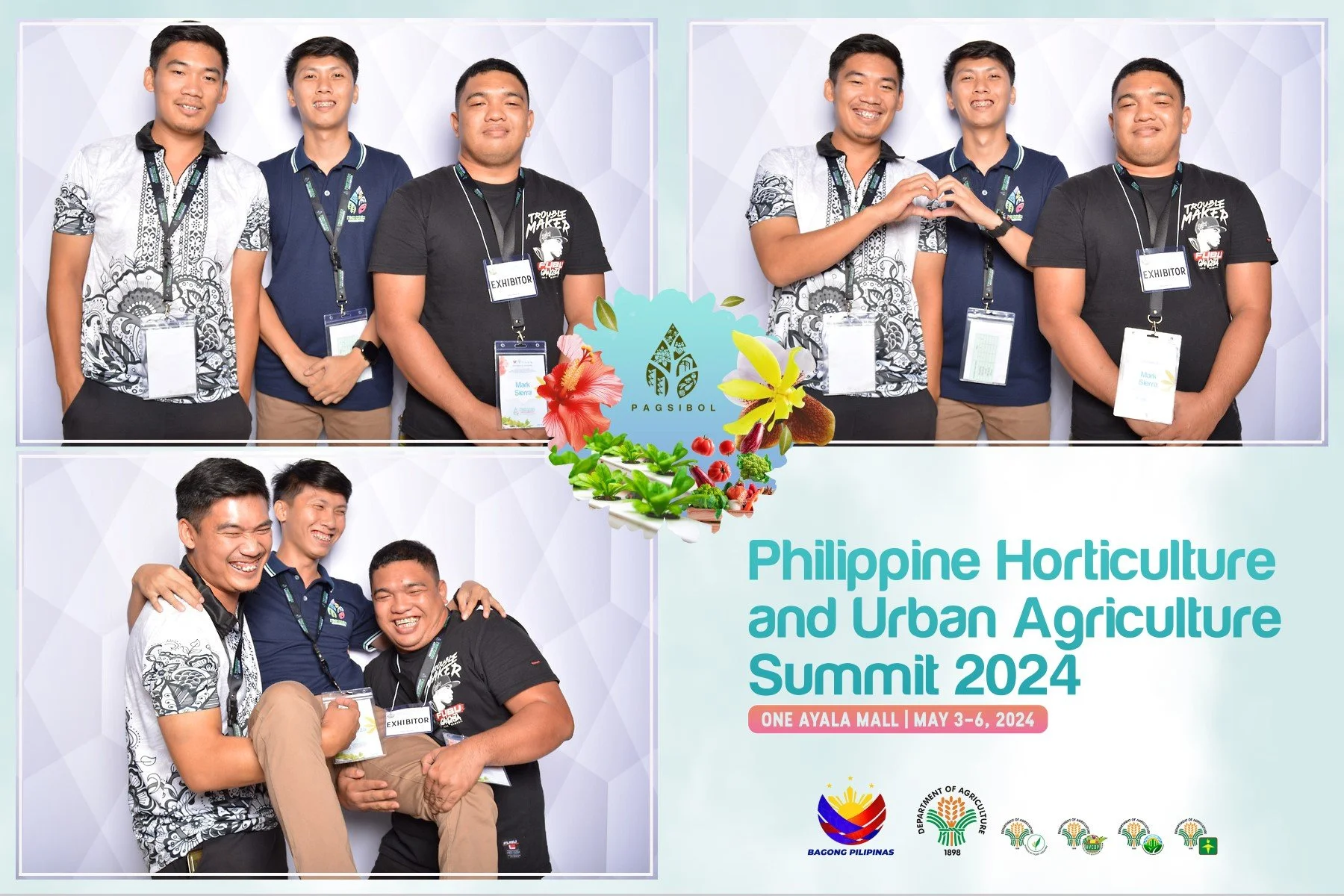 A collage of four photos from the Philippine Horticulture and Urban Agriculture Summit 2024 at One Ayala Mall from May 3 to 6, 2024. The top left shows four men standing and smiling, some with exhibitor badges. The top right features three men making