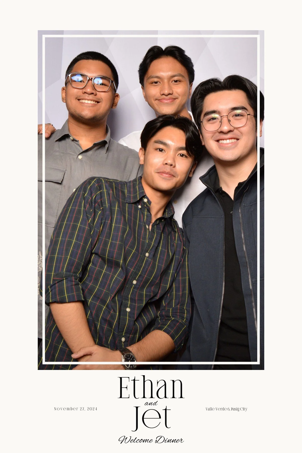 Group of five young men smiling and posing for a photo at a welcome dinner event, with text indicating it was for Ethan and Jet on November 27, 2024, at Valle Verde 6, Pasig City.