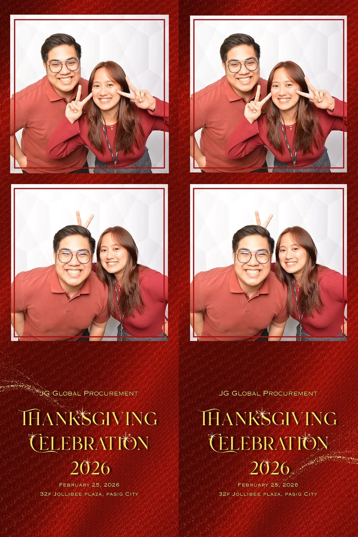 Four photo booth pictures of two people making playful gestures, with a Thanksgiving celebration poster below that reads "Thanksgiving Celebration 2026, February 25, 2026, 32F Jollibee Plaza, Pasig City".